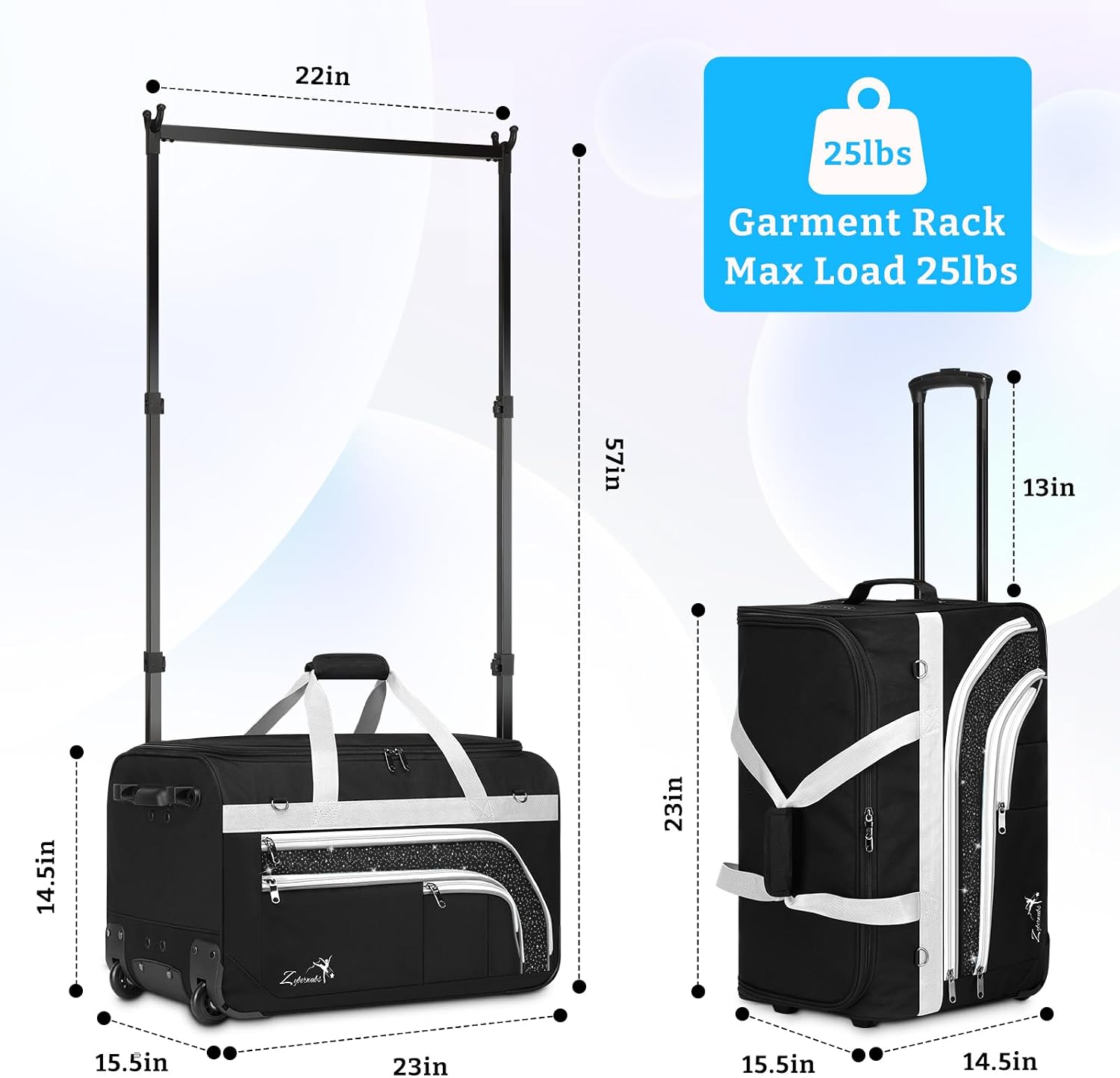 Dance Bag with Garment Rack - 23 Inch Professional Dance Competition Duffle Bag with Rack - Wheeled Dance Suitcase with Multiple Pockets for Dancers, Athlete, Travelers, and Livestreamer