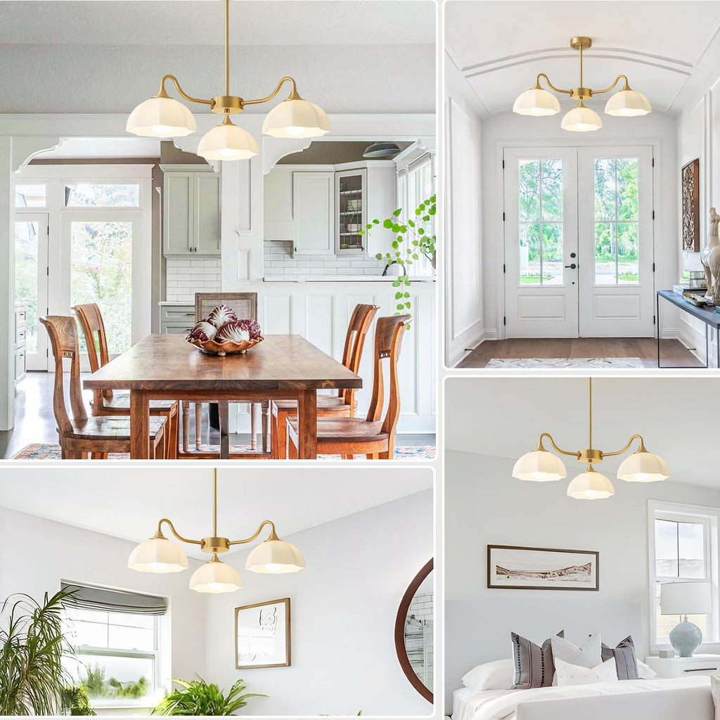 Mid Century Modern 3 Light Sputnik Chandeliers Retro Gold Milk Glass Chandelier Pendant Light Fixture Nordic White Ceramic Kitchen Island Hanging Lights Dining Room Ceiling Lamp MPL13-3 GD