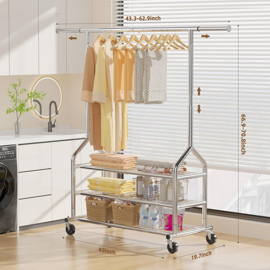 EAGMAK Heavy Duty Clothes Rack Load 688 LBS, Rolling Clothing Rack With 3 Shelves, Adjustable Metal Clothes Hanger with Wheels Portable Wardrobe Organizer Garment Rod for Hanging Clothes (Silver)