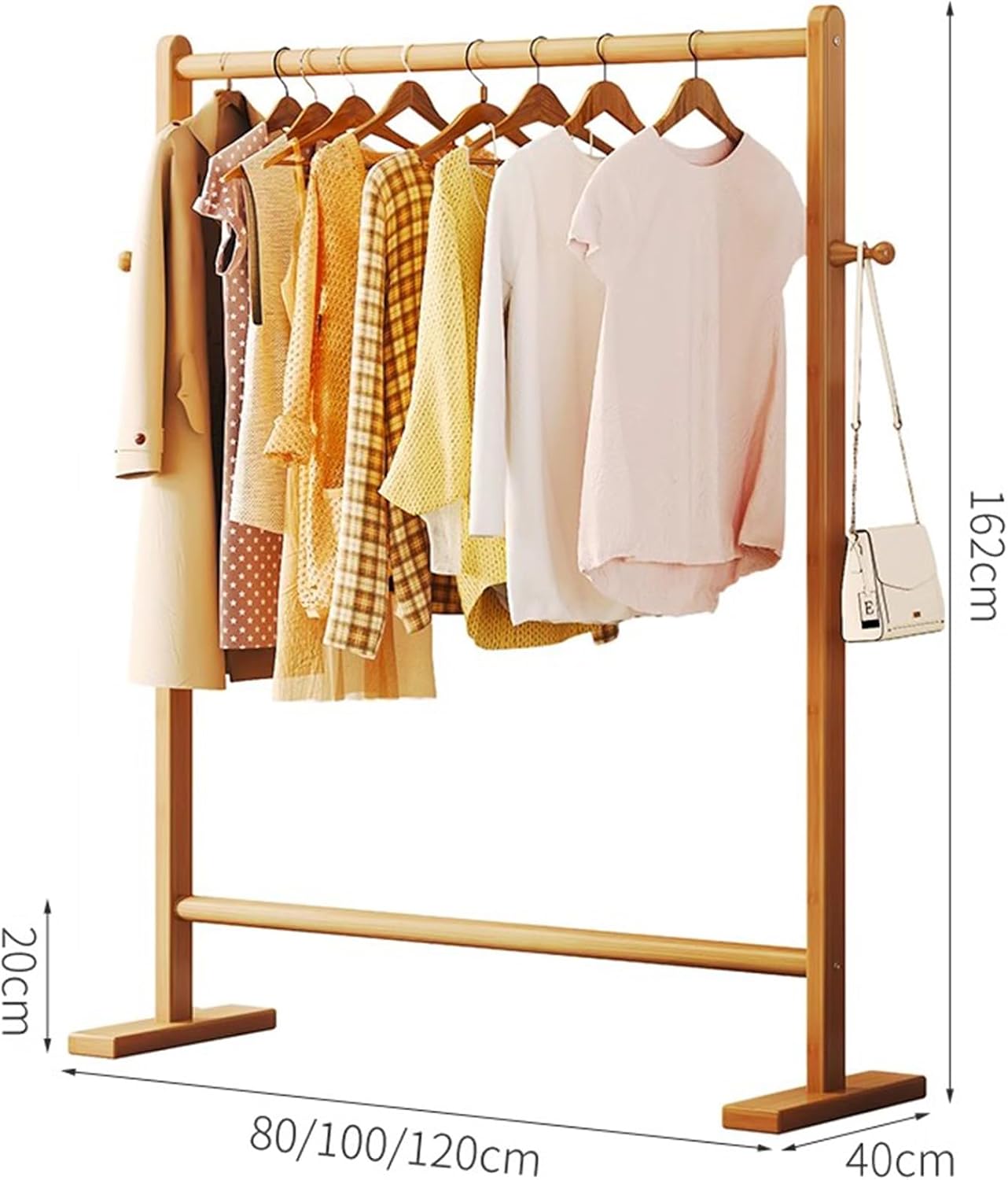 Garment Rack Bamboo Clothing Rack For Hanging Clothes, Modern Simple Clothes Hanging Stand With 2 Hooks, Large Capacity Clothes Rail, Freestanding Coat Rack For Bed(Size:100X40X162CM,Color:Wood color)