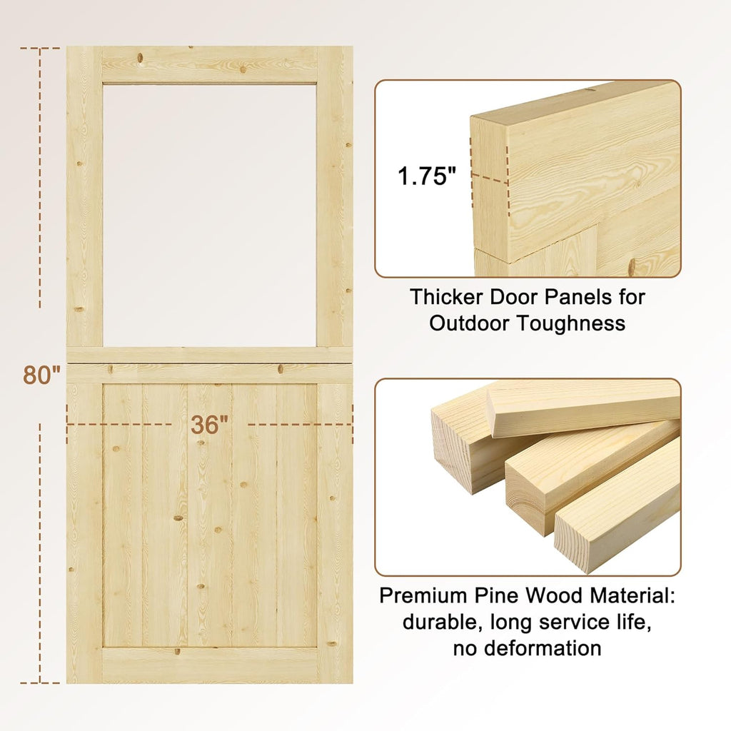 Interior & Exterior Dutch Door Slab, 36' x 80', Universal Tempered Clear Glass Split Single Doors, Solid Core Home Door, Natural Pine Wood - with 4 Black Hinges & 1 Latch, Without Jamb