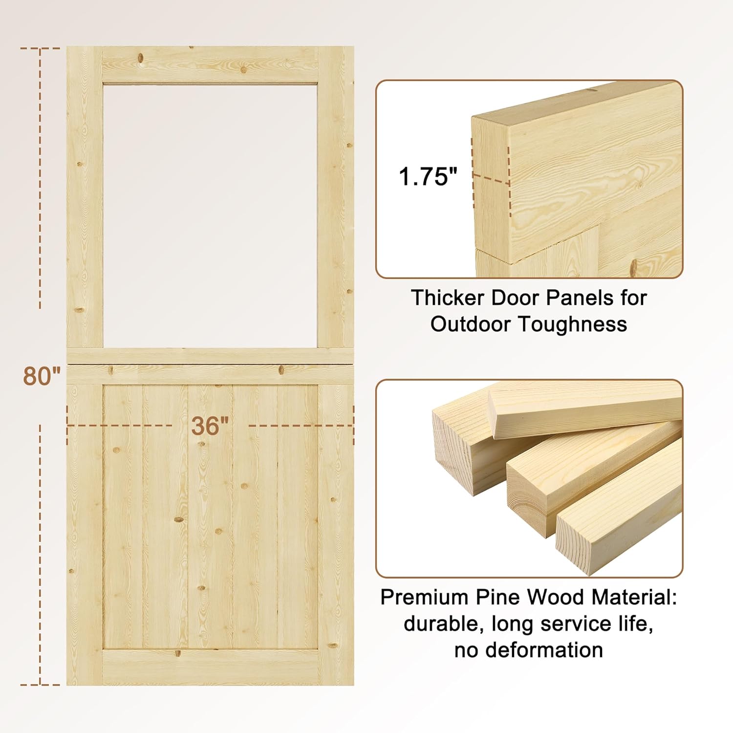 Interior & Exterior Dutch Door Slab, 36' x 80', Universal Tempered Clear Glass Split Single Doors, Solid Core Home Door, Natural Pine Wood - with 4 Black Hinges & 1 Latch, Without Jamb