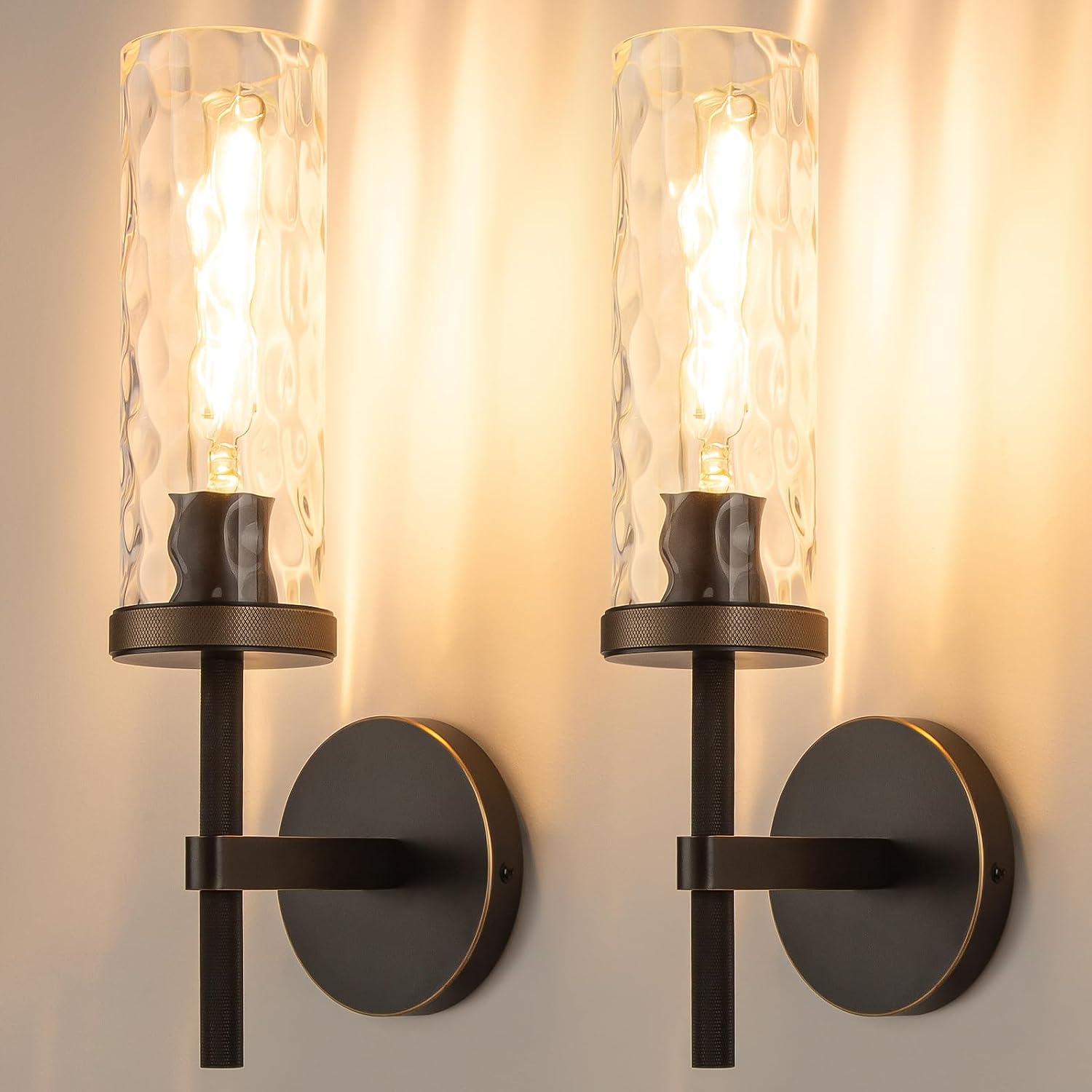 15' Knurled Brass Wall Sconces Set of 2, Black Gold Bathroom Vanity Light Fixtures with Water Ripples Glass Tube, Modern Lamp Lighting for Bedroom, Living Room, Hallway, Staircase, Mirror, Kitchen