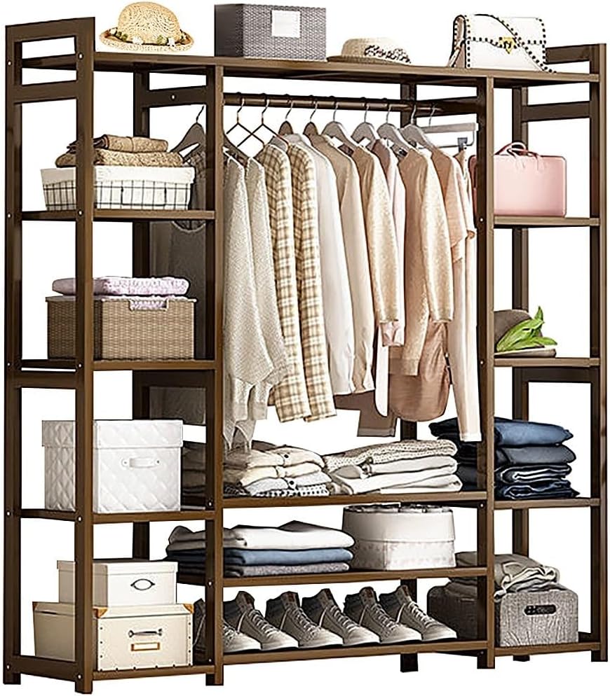 Floor-Standing Solid Wood Rotating Coat Rack，Portable Bamboo Clothes Rack with Hanging Rail, Freestanding Garment Stand with Storage Shelves & Compartments for Bedroom, Entryway, and Closet