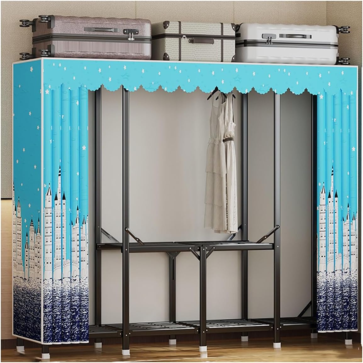 Portable Wardrobe Closet with Cover Metal Garment Rack for Hanging Clothes with 3 Hanging Rods and 4 Storage Shelves for Bedroom