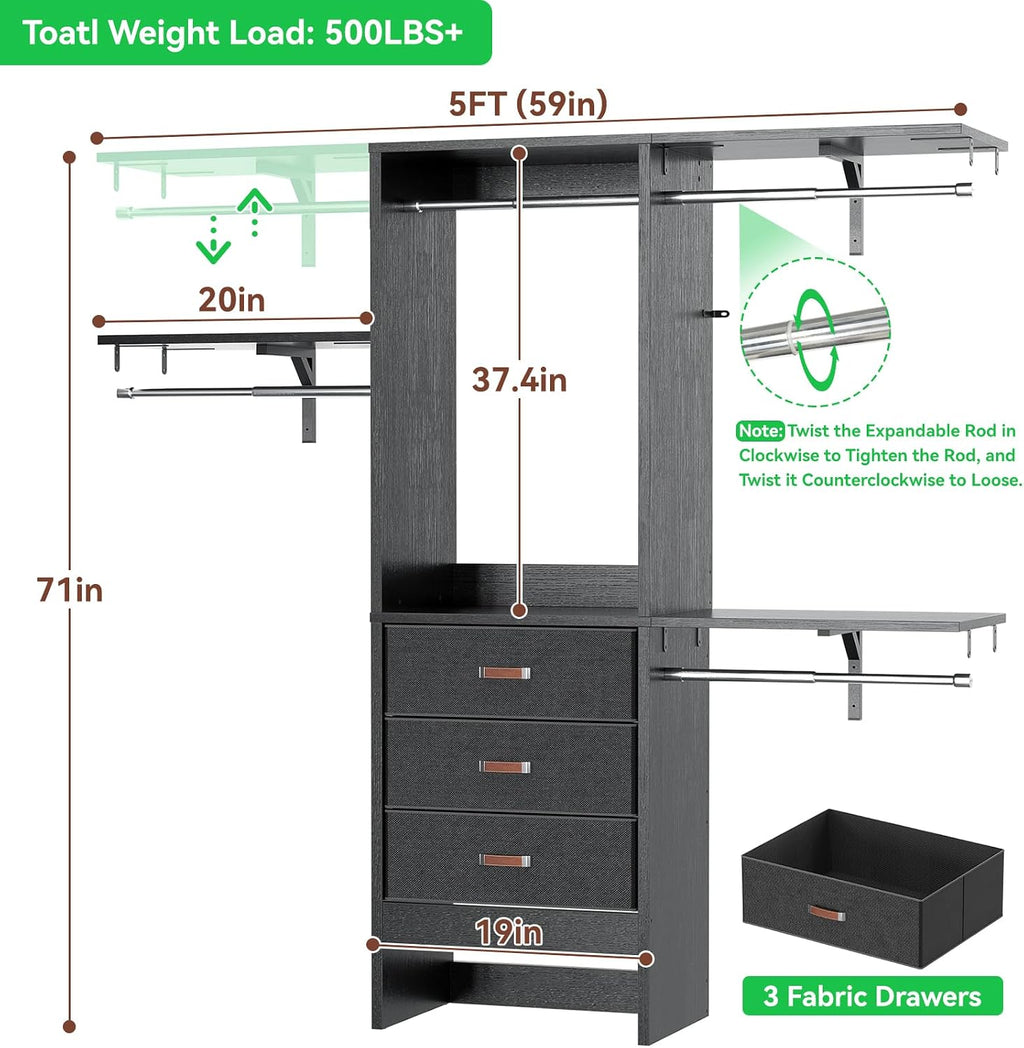 Armocity 5FT Small Closet System with 3 Fabric Drawers, 60 Inches Walk In Closet Organizer System With 3 Adjustable Shelves, Heavy Duty Clothes Rack Built-In Garment Rack, 59' L x 16' W x 71' H, Black