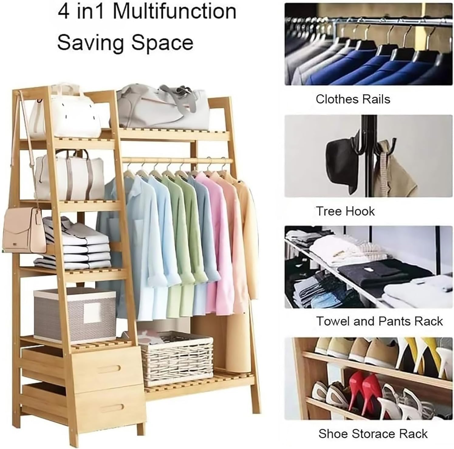 Bamboo Clothes Rack - Garment Coat Rack with 2 Drawers, Free Standing Closet Organizer for Bedroom, Living Room, Hall, Storage Shelf for Hanging Clothes, Jackets