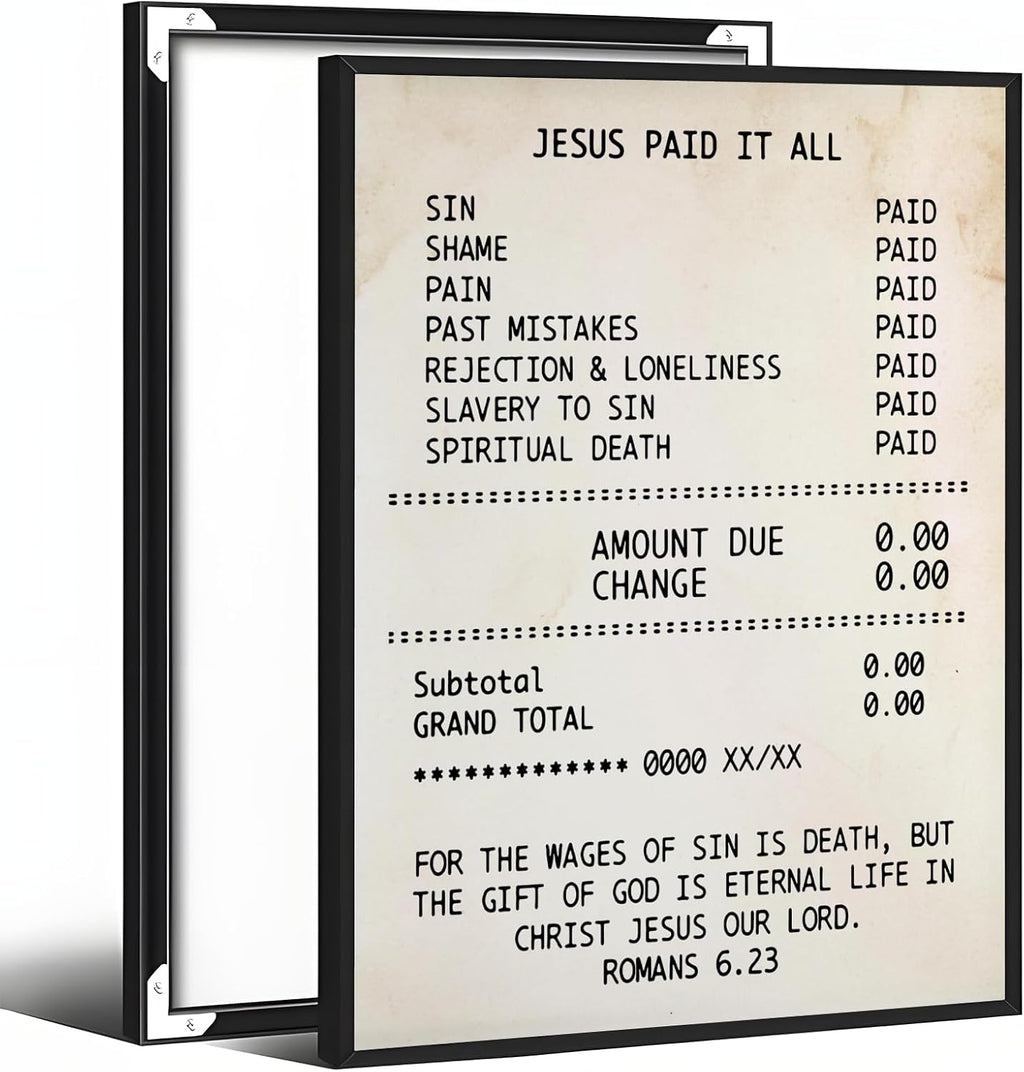 Vintage Christian Wall Art Print Jesus Paid It All Scripture Canvas Poster Inspirational Bible Verse Romans 6:23 Religious Gift Wall Decor for Home Church Prayer Room 24x36inch Aluminum Framed