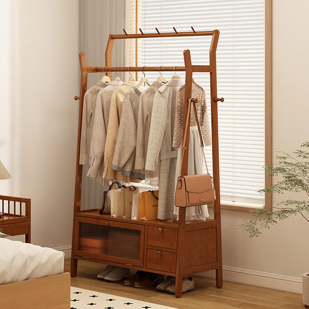 Free Standing Garment Rack with Casters, Bamboo Clothes Rack with Storage Cabinet Clothing Hanging Rail, Open Wardrobe Coat Stands for Bedroom Living Room Hallway