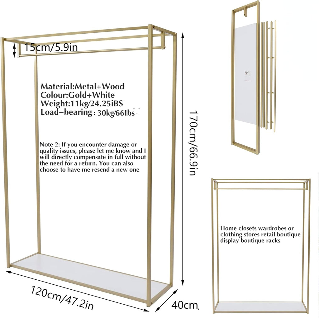 76' Tall Gold Clothing Garment Rack Boutique Retail Display Stand | Heavy Duty Clothes Wedding Dressr Racks for Hanging Long Dresses, Closet Wardrobe Shoes Bags Hats Clothes Organizer