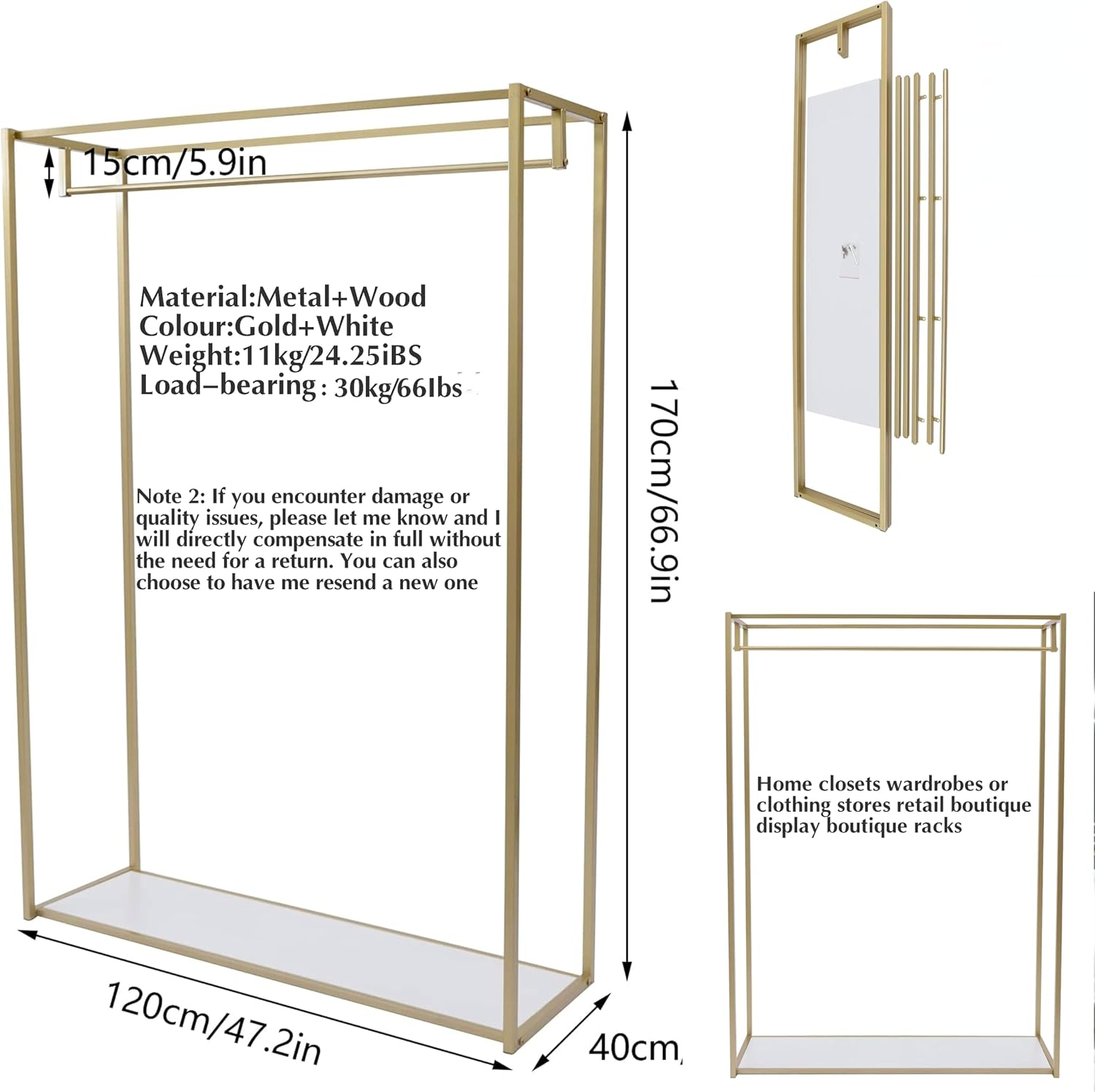 76' Tall Gold Clothing Garment Rack Boutique Retail Display Stand | Heavy Duty Clothes Wedding Dressr Racks for Hanging Long Dresses, Closet Wardrobe Shoes Bags Hats Clothes Organizer