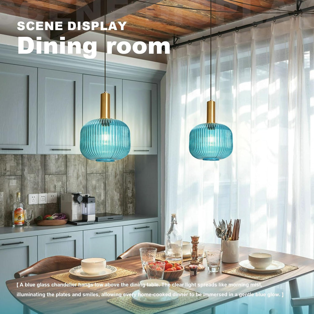 2 Pack Blue Hanging Lamp Plug in Ceiling Light with Cord Modern Coastal Pendant Lighting Fixture Striped Glass Hanging Pendant Lights for Living Room Bedroom Beach House Kitchen Gold