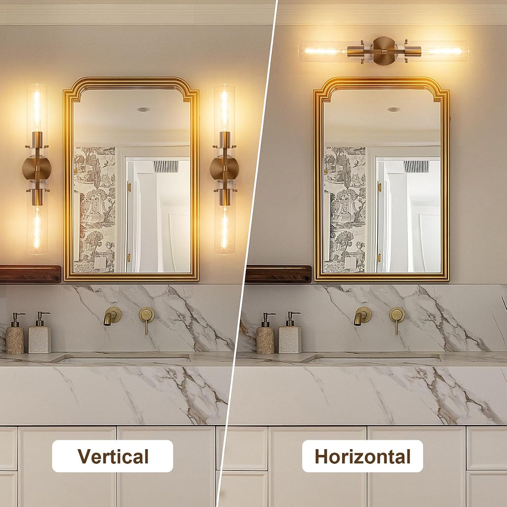 Brass Gold 2-Light Knurled Wall Sconce, Dual-Head Vanity Lamp Set of Two with Clear Glass Tube, Bathroom Wall Sconces, Wall Lights for Living Room Bedroom Hallway Kitchen Bathroom Mirror