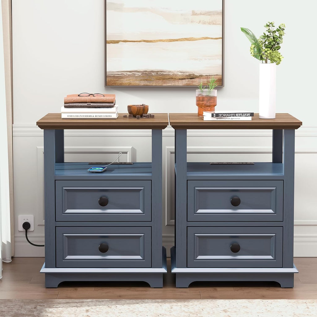 REDAYFUR 24' Tall Nightstand with Charging Station Set of 2, Fast Charge End Table Set of 2, Large 18' Bedside Table with Drawers, Storage Cabinet with Open Shelf for Bedroom, Blue