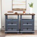REDAYFUR 24' Tall Nightstand with Charging Station Set of 2, Fast Charge End Table Set of 2, Large 18' Bedside Table with Drawers, Storage Cabinet with Open Shelf for Bedroom, Blue