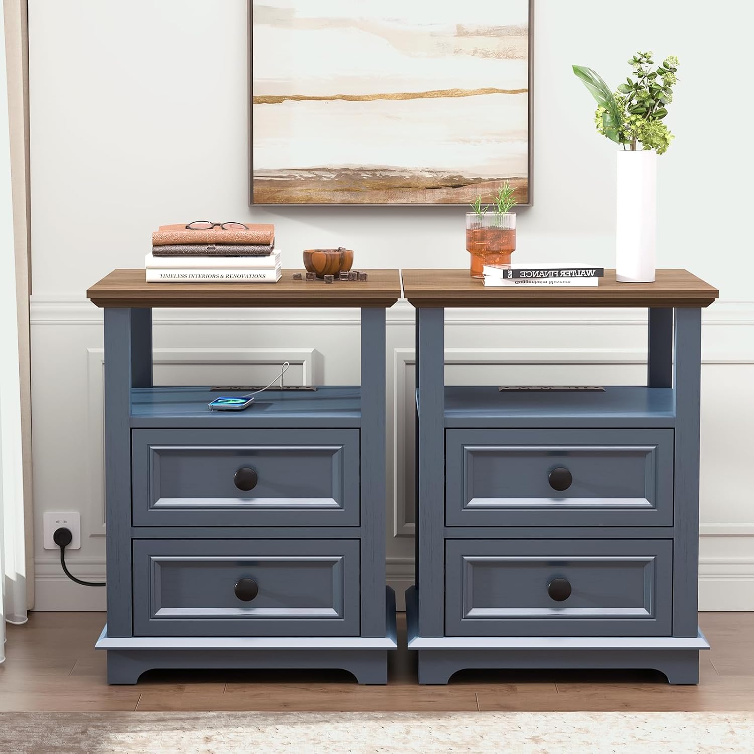 REDAYFUR 24' Tall Nightstand with Charging Station Set of 2, Fast Charge End Table Set of 2, Large 18' Bedside Table with Drawers, Storage Cabinet with Open Shelf for Bedroom, Blue