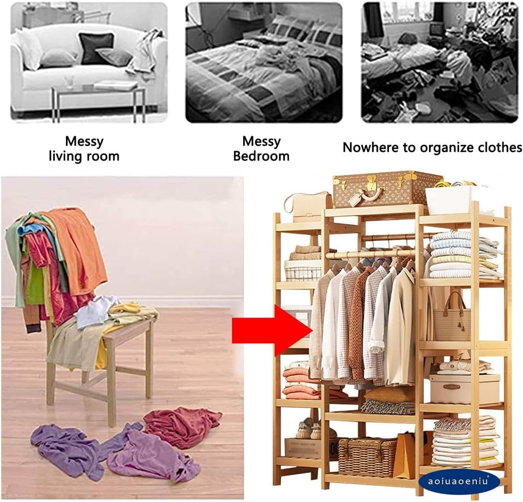 Bamboo Clothes Rail with 2 Hanging Rods and 11 Storage Shelves Portable Extra Large Garment Rack for Hallway Entryway Bedroom 160CM Height Wood Color Adjustable Sizes: 110/120/130/140/160CM