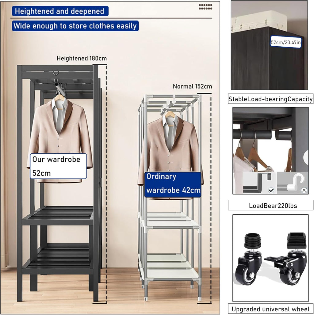 Foldable Portable Wardrobe On Wheels, Freestanding Garment Rack, with Magnetic Door 2000lbs, Heavy Duty Clothes Rack, for Bedroom Closet Systems (Agarwood, 125CM/49.2IN)