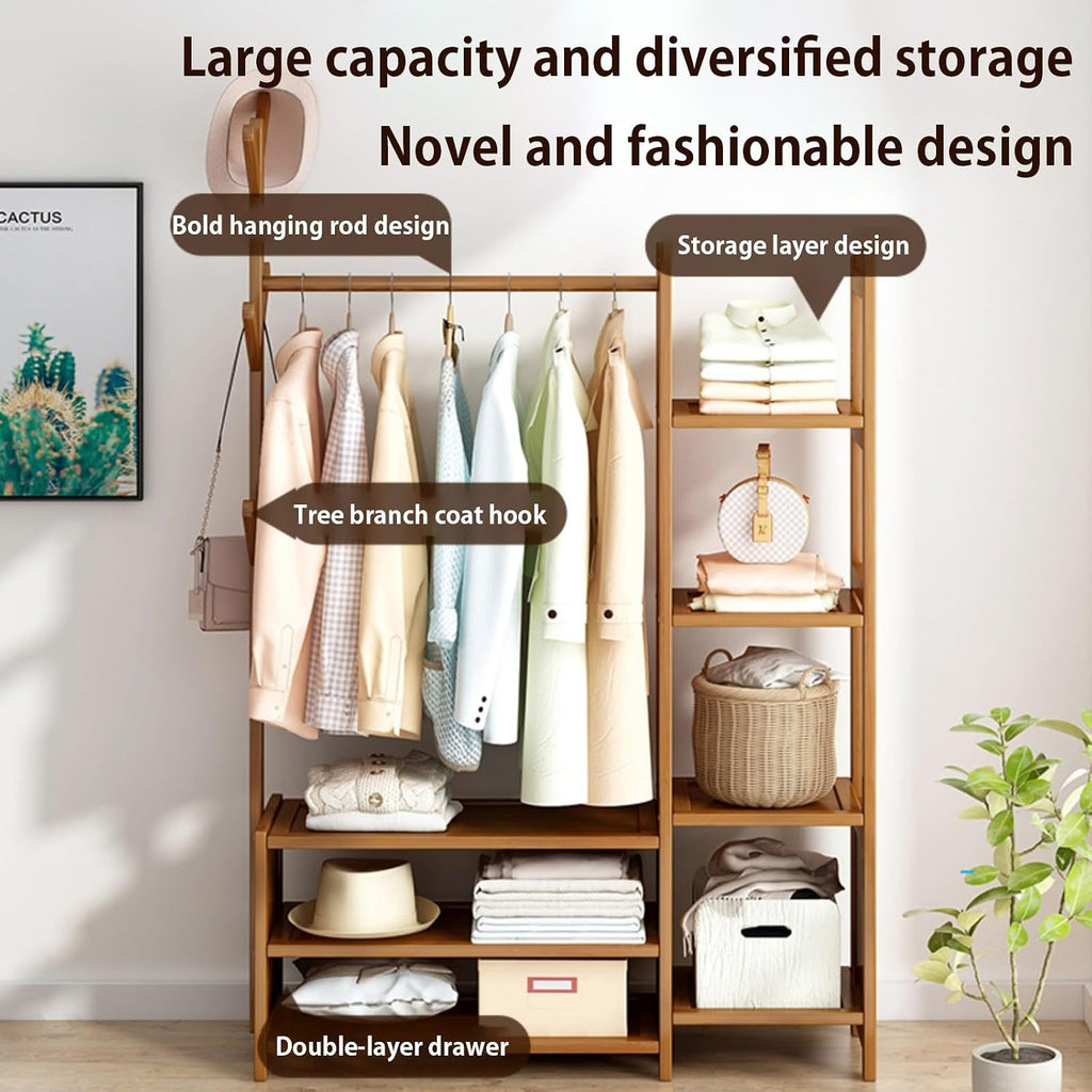 Wooden Clothes Rack, Clothing Rack with Shelf and Hook, Garment Rack with Shelves, with Storage Drawer, Garment Rack for Hanging Clothes,Coats,Skirts,Shoes,Bags,Easy to Assemble(Yellow,70x30x15