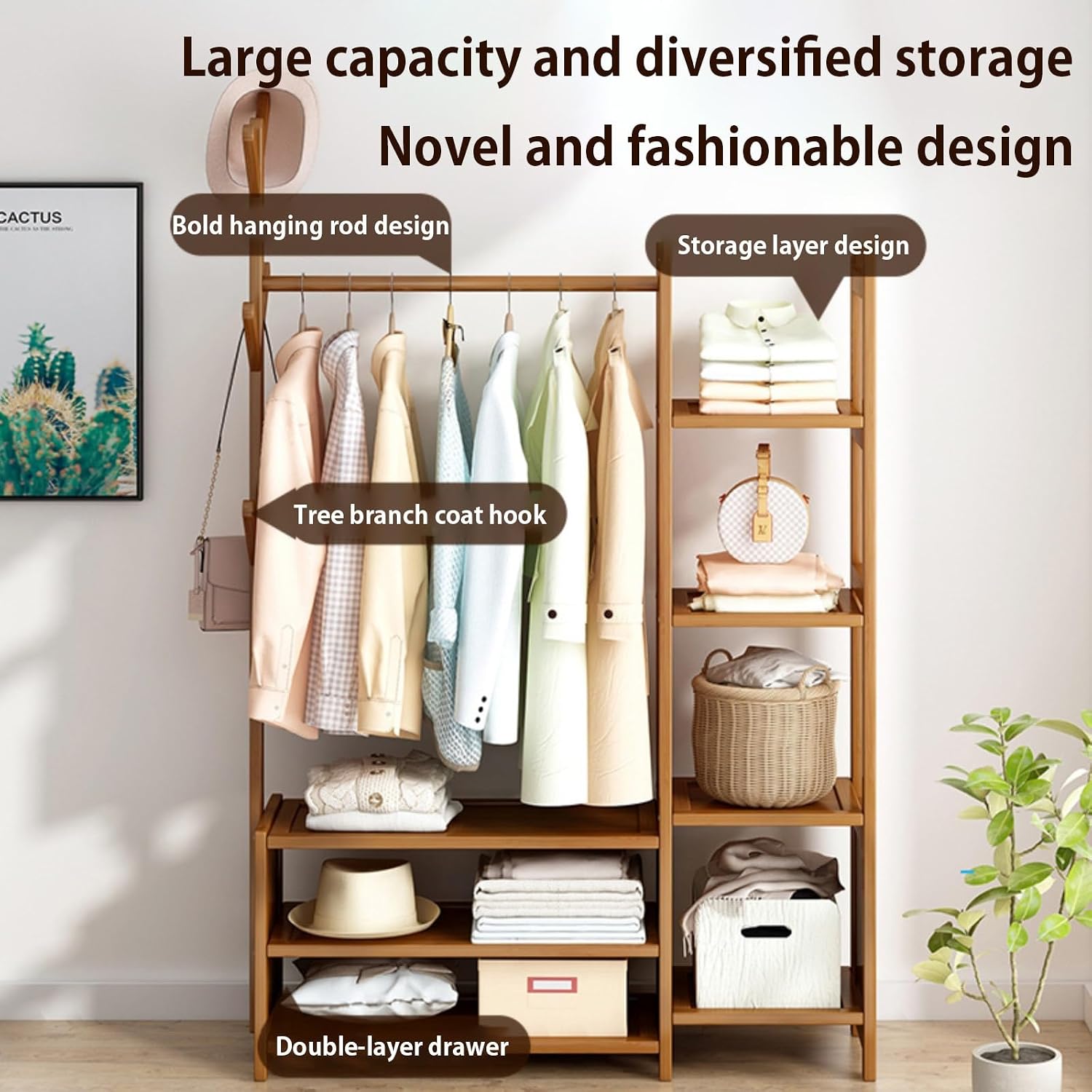 Wooden Clothes Rack, Clothing Rack with Shelf and Hook, Garment Rack with Shelves, with Storage Drawer, Garment Rack for Hanging Clothes,Coats,Skirts,Shoes,Bags,Easy to Assemble(Yellow,50x30x15