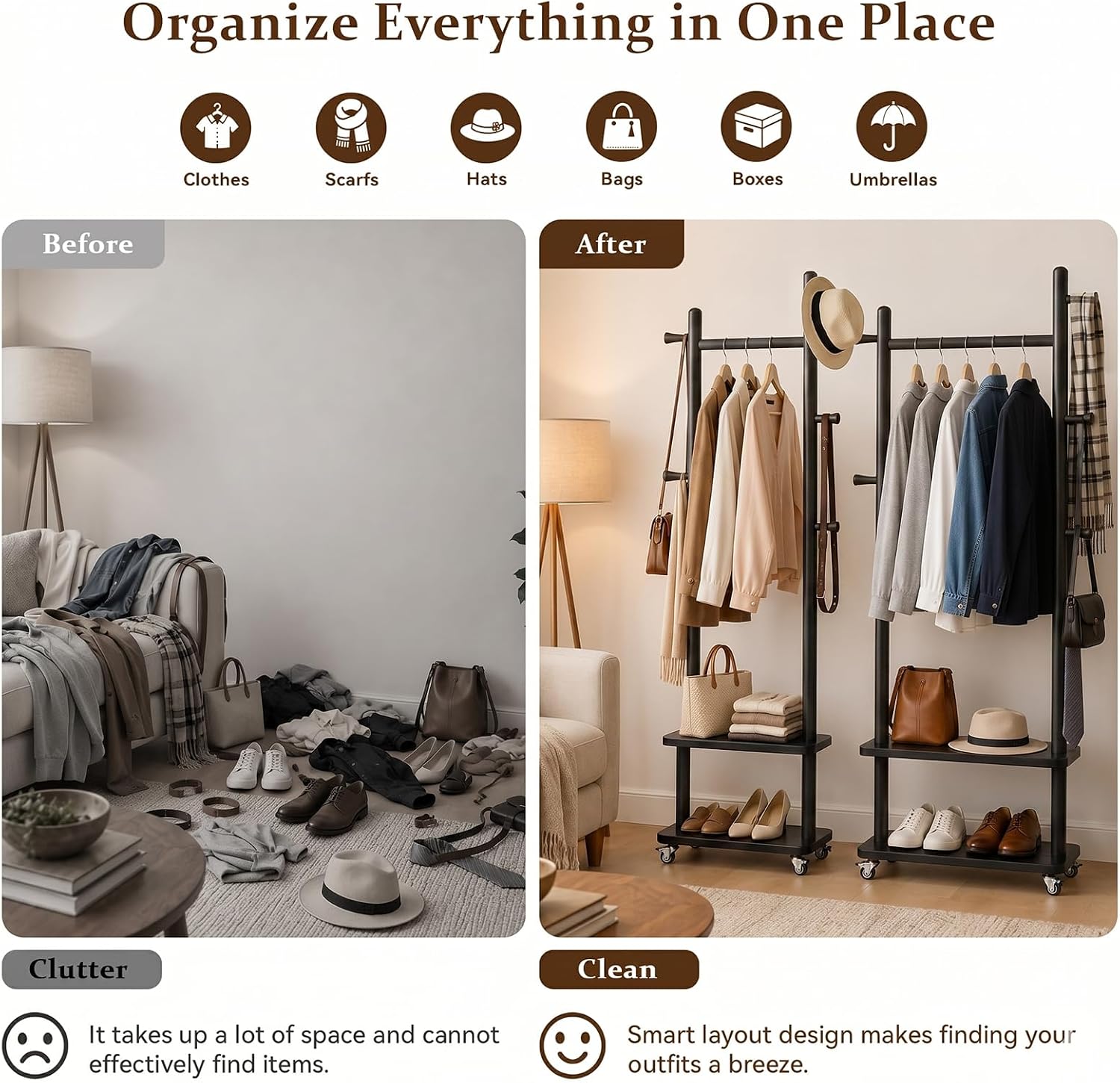 Solid Wood Coat Rack Freestanding Clothing Rack with Wheels & 2 Shelves Storage & 5 Hooks Heavy Duty Clothes Rack Wood Coat Tree Stand Hat Hanger Rack for Corner Bedroom Entryway Living Room Hotel