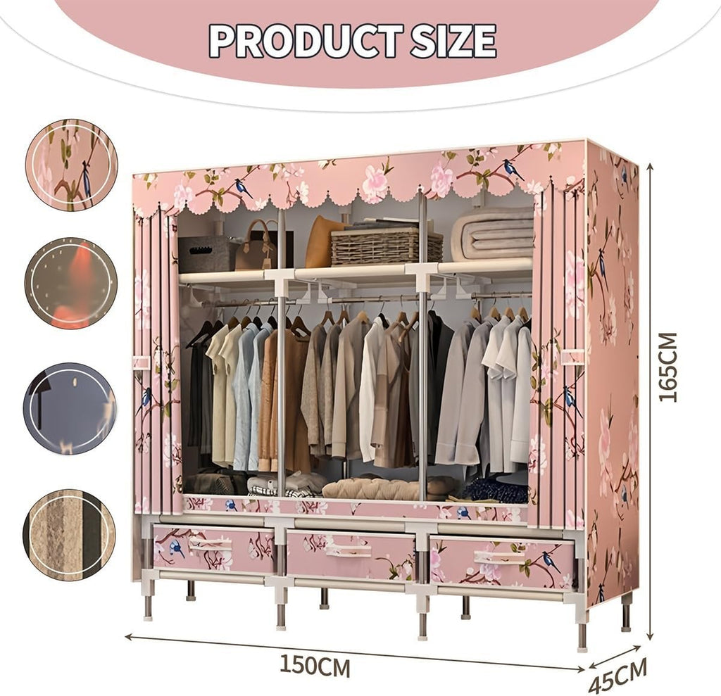 Closet Wardrobe Portable Clothes Closet with Drawer Boxes Shelves Clothing Storage with Hanging Rack Storage Organizer for Cloakroom Bedroom Entrances(Blue,150x45x165CM)