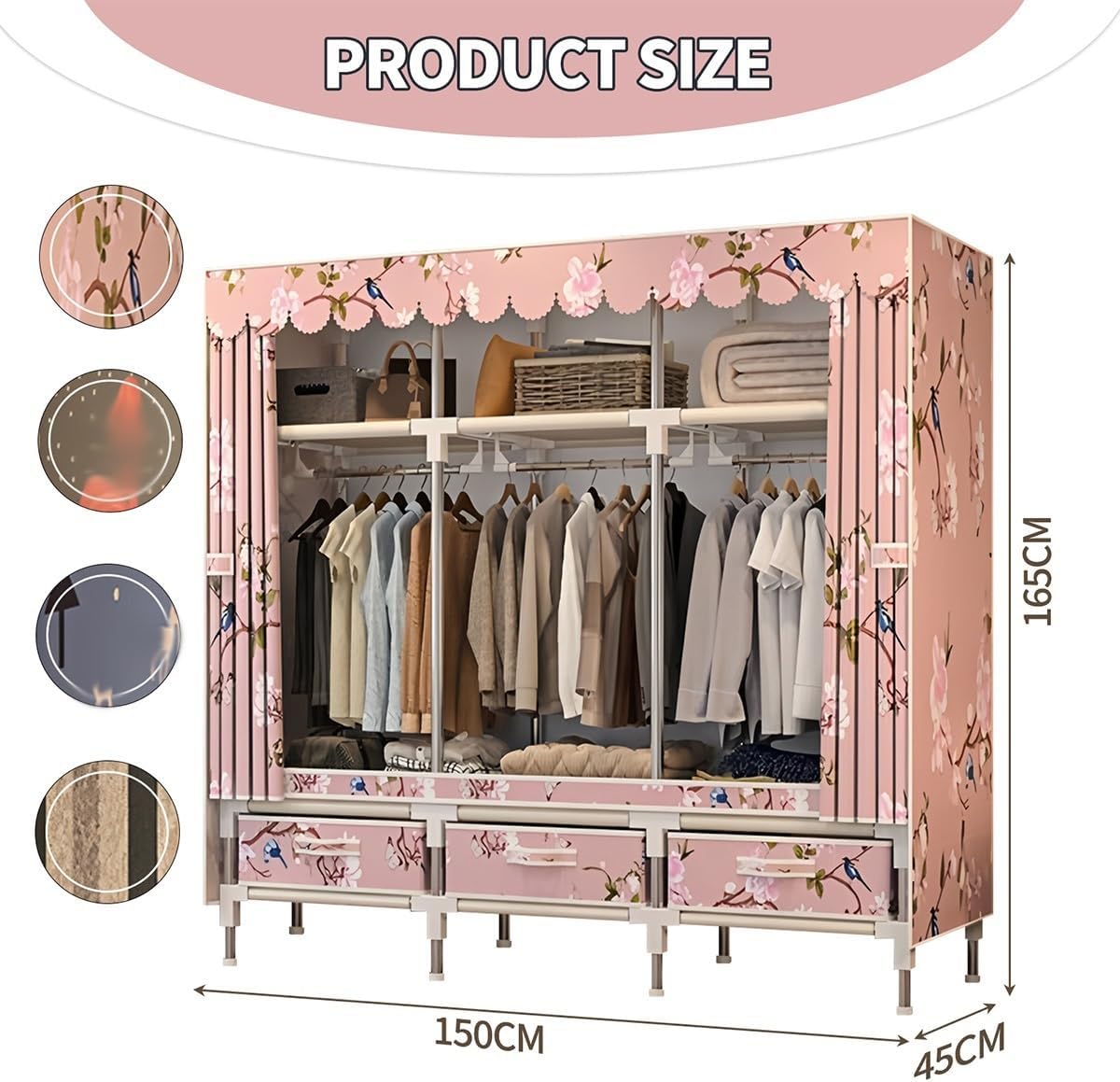 Closet Wardrobe Portable Clothes Closet with Drawer Boxes Shelves Clothing Storage with Hanging Rack Storage Organizer for Cloakroom Bedroom Entrances(Blue,150x45x165CM)