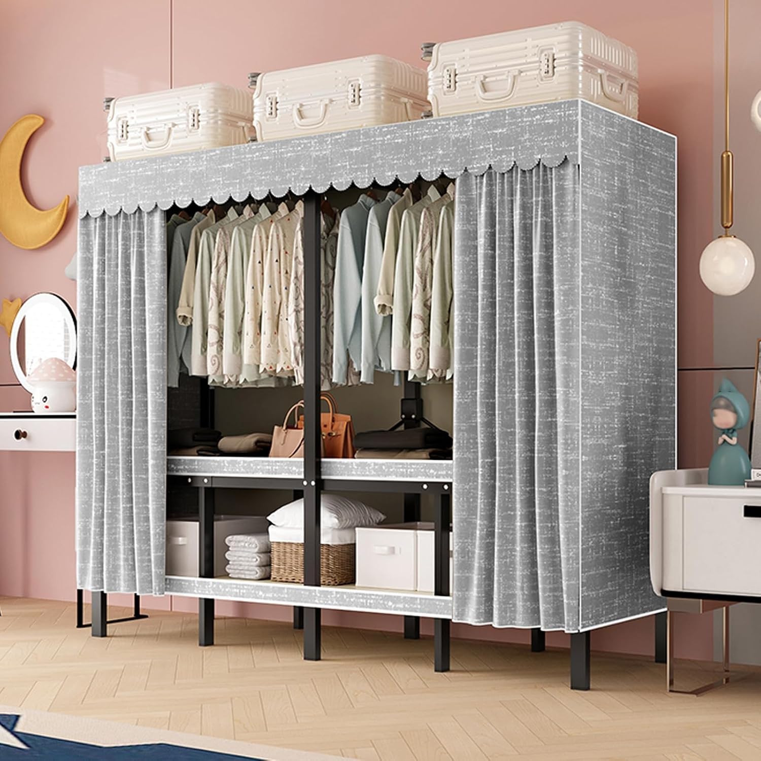 Wardrobe Clothes Organizer - Heavy Duty Portable Wardrobe Closet Rack Foldable Clothe Rack With Cover Freestanding Garment Rack For Hanging Clothes Large Capacity Enclosed Metal Clothing Rack(203*52*1