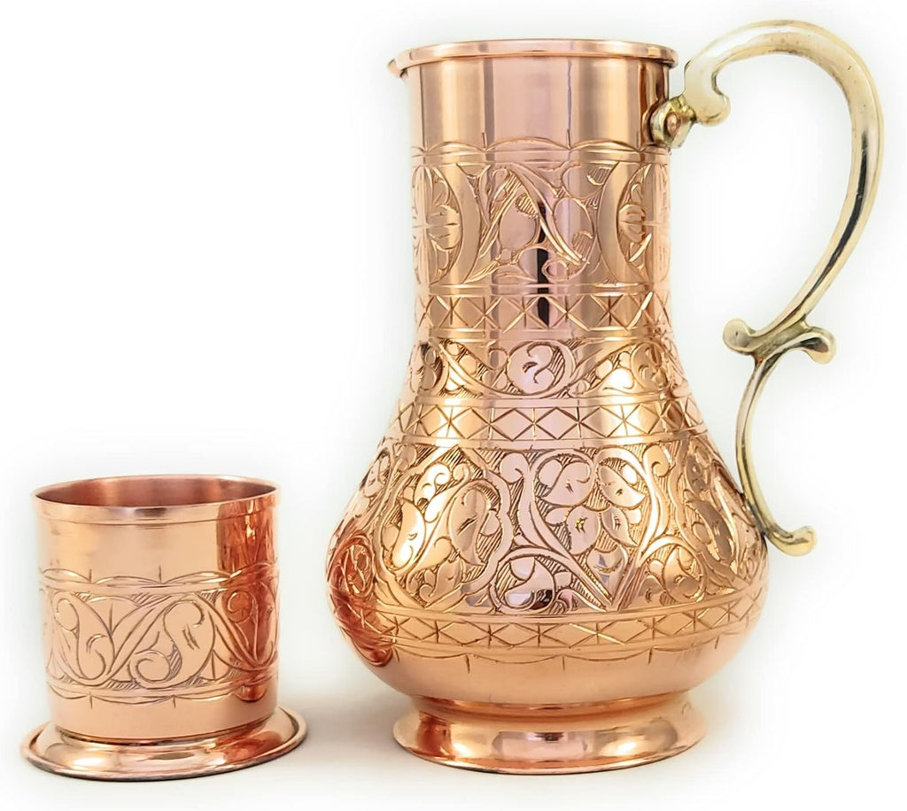 KS Series - Copper Pitcher (45 oz) and Cup (7.7 oz) Set, Moscow Mule Water Jug, Ice Tea and Juice Beverage, Desktop/Bedside Night Water Carafe, Ayurvedic Decanter (Engraved)