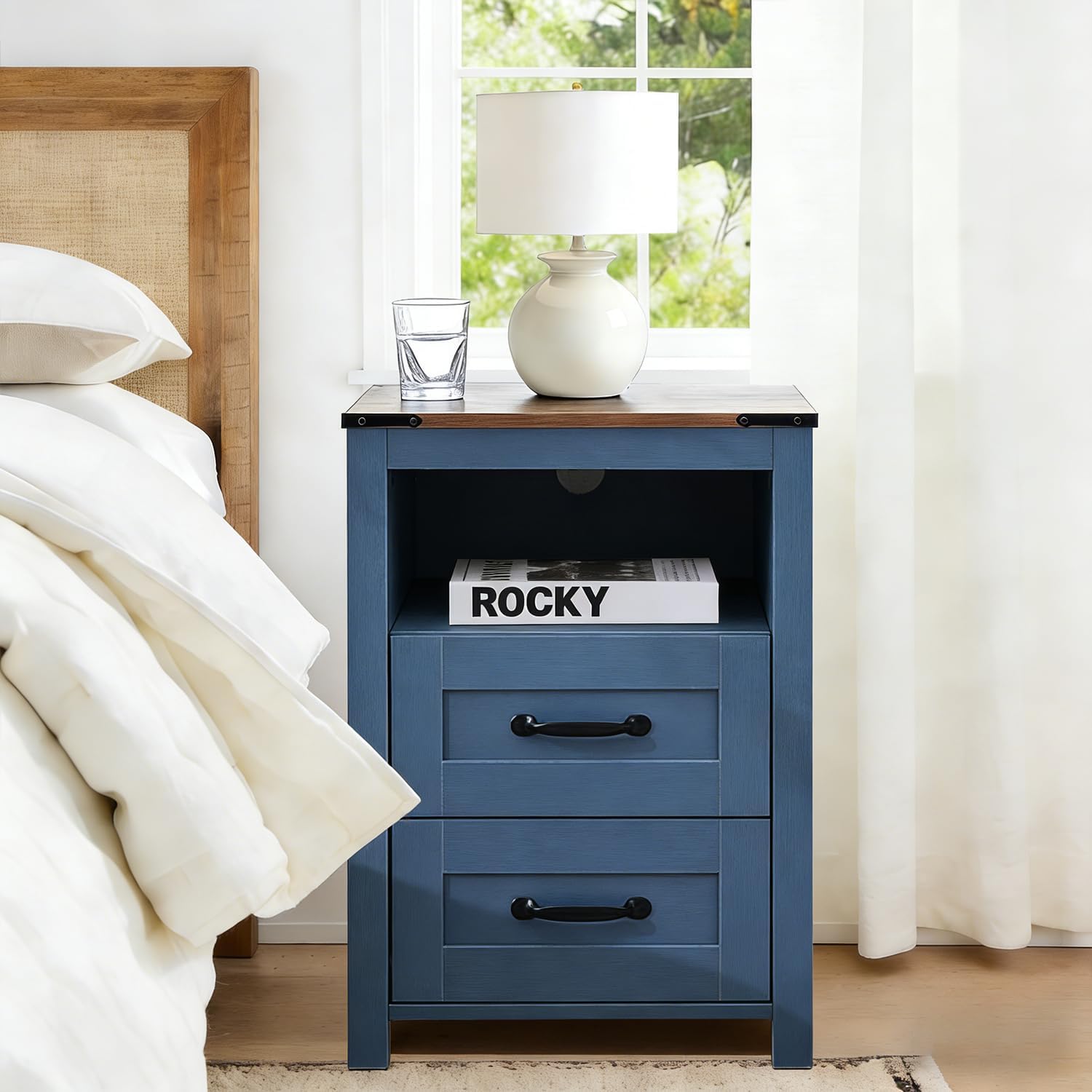 Farmhouse Nightstand with 2 Drawers Storage, End Table with Open Shelf, Bedside Table for Bedroom Without Charging Station, Blue