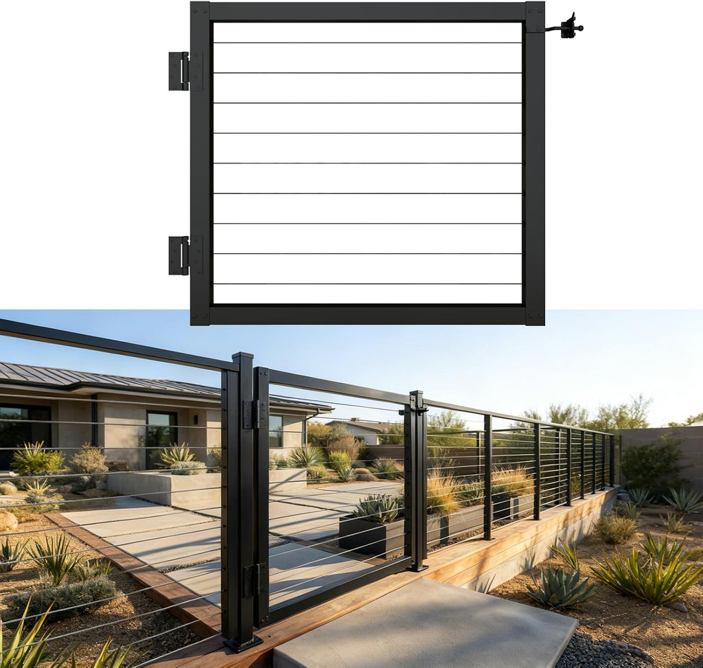 36' Aluminum Cable Railing Gate Adjustable Wide Deck Safety Gate, Black Powder-Coated Outdoor Railing Gate with Self-Closing Nylon Hinges & Latch, Easy DIY Installation for Deck