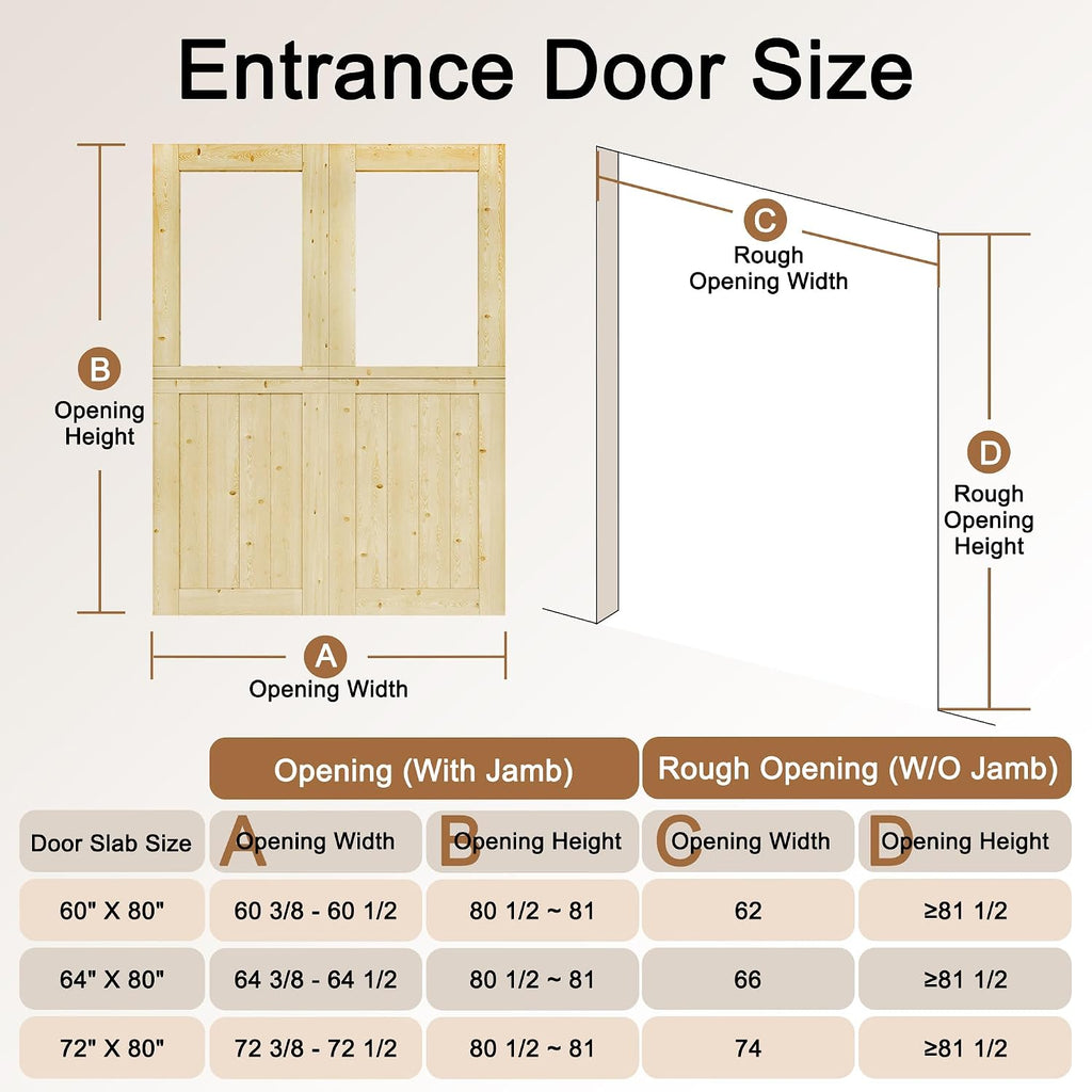 Interior Double Dutch Door Slab, 60' x 80', Universal Tempered Clear Glass Split Single Doors, Solid Core Home Door, Natural Pine Wood - with 8 Black Hinges & 2 Latch, Without Jamb