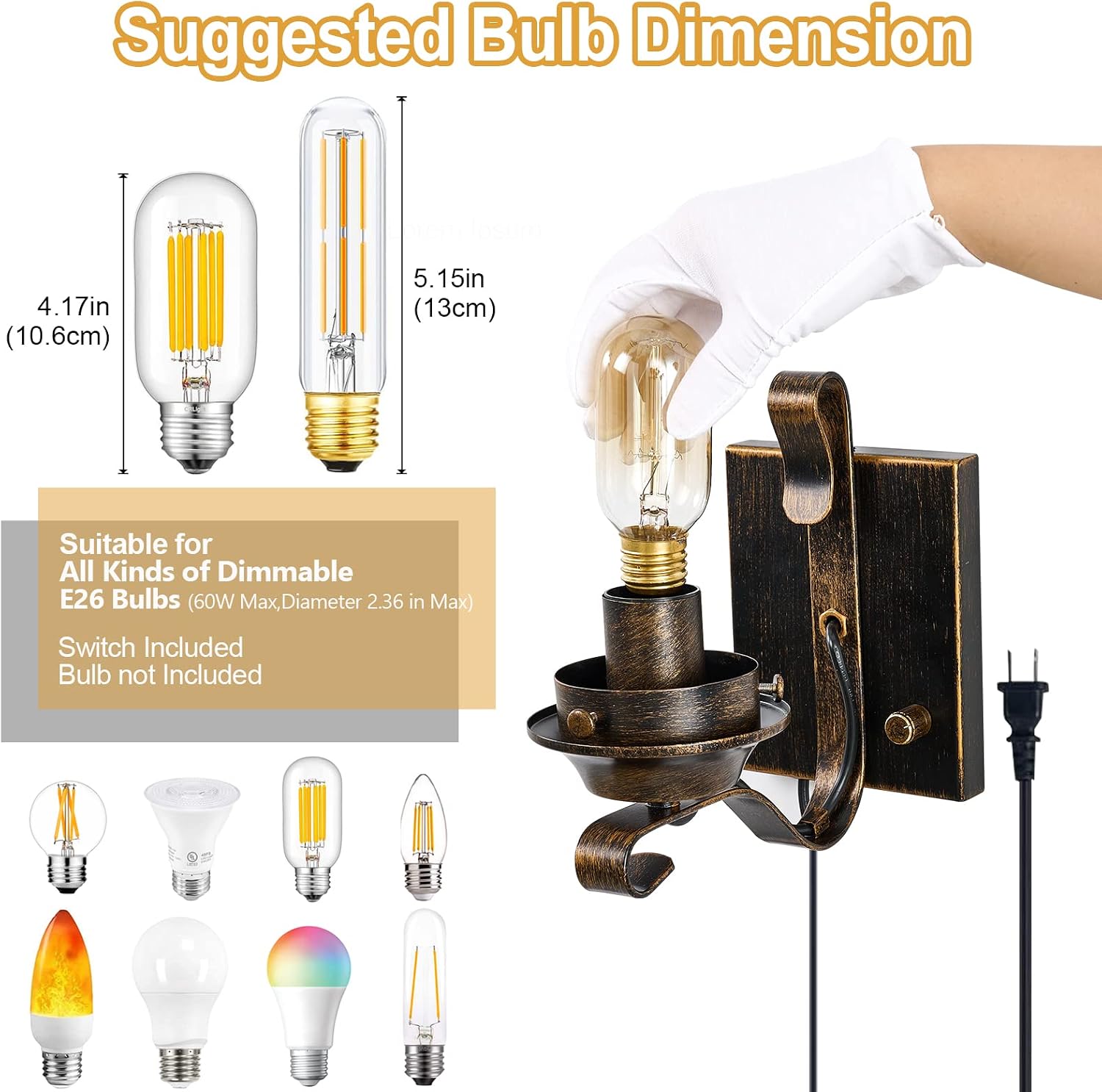 Yisuro Wall Sconces Sets of 2, Oil Rubbed Bronze Plug in Wall Sconce,Retro Rustic Wall Lamps,Sconces Wall Lighting with Amber Glass,Indoor Vintage Bedside Wall Lighting for Living Room Bathroom
