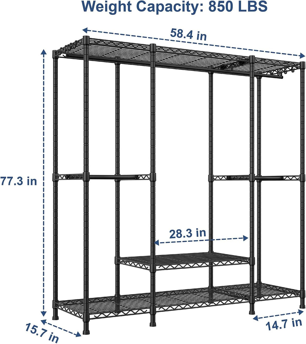 Ulif E3 Heavy Duty Garment Rack, 4 Tiers Freestanding Closet Organizer System with 5 Shelves, Metal Closet Organizer and Storage System for Clothes, Max Load 850lbs, 58.4'W x 15.7'D x 77.3'H, Black