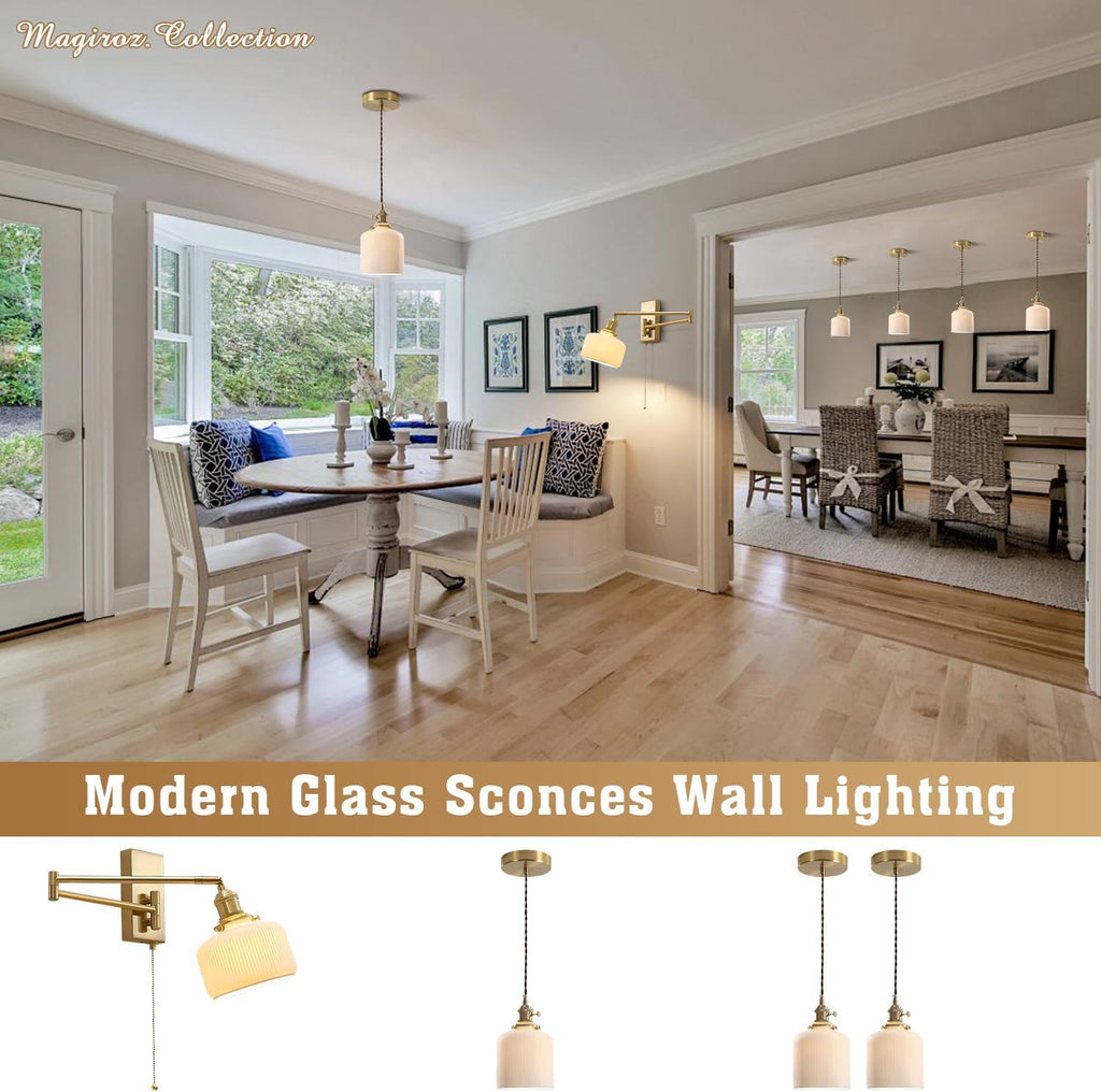 Gold Wall Sconces Set of 2 Modern Brass Swing Arm Wall Lamp with Pull Chain Milk GlassLight Fixture for Bedroom Living Room Hallway MWL14B-2
