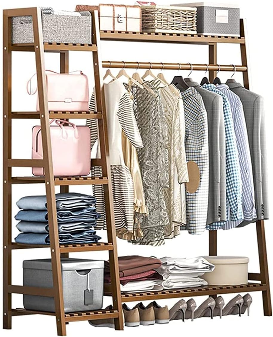 Coat Rack, Bamboo Garment Rack 7 Tier Storage Shelves Clothes Hanging Rack Heavy Duty Clothing Rack Multipurpose Open Wardrobe Closet Organizer Stable Structure