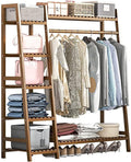 Coat Rack, Bamboo Garment Rack 7 Tier Storage Shelves Clothes Hanging Rack Heavy Duty Clothing Rack Multipurpose Open Wardrobe Closet Organizer Stable Structure