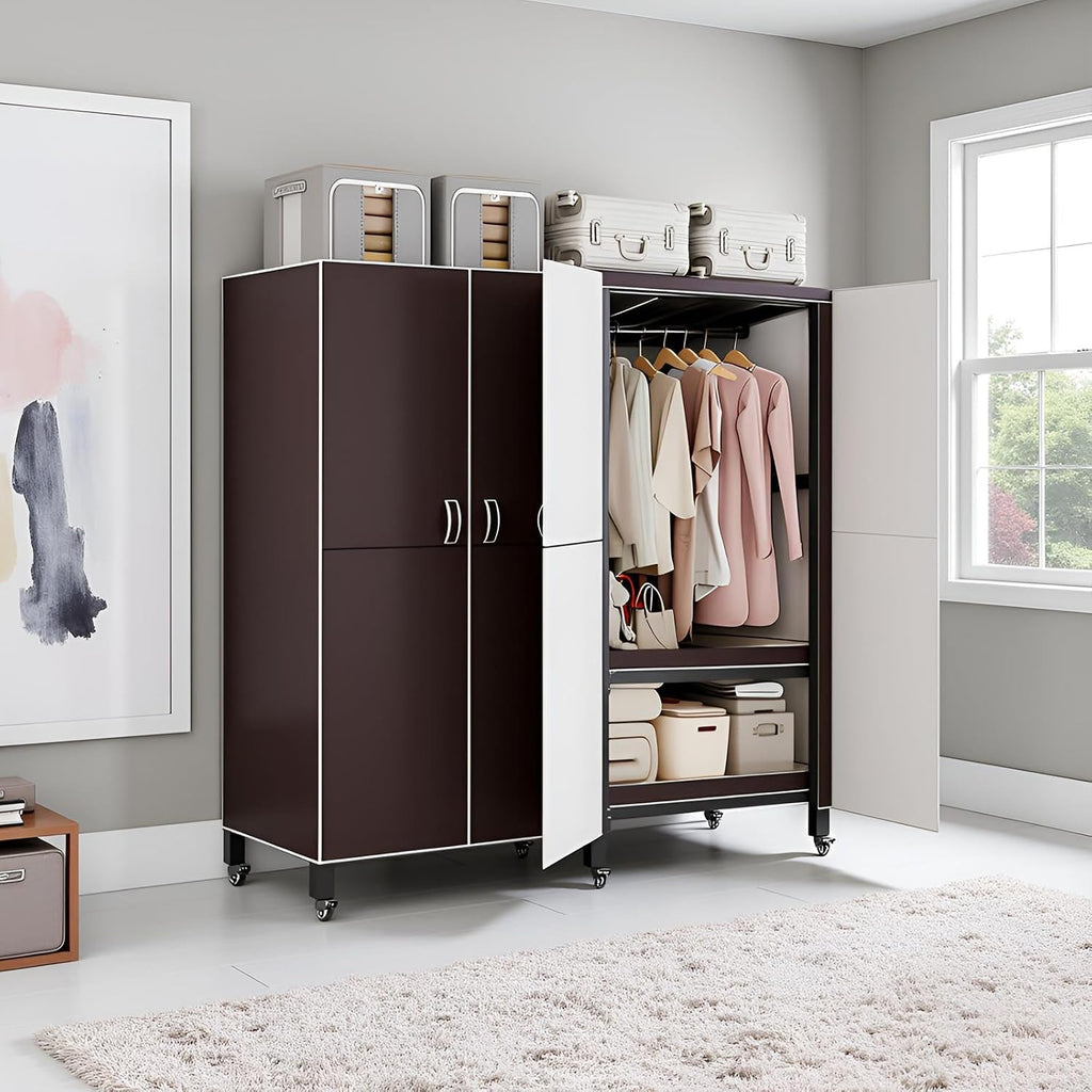 Heavy Duty Clothes Rack With Magnetic Door, Load 1500lbs, Foldable Portable Wardrobe Closet, Hanging Clothing Metal Garment Rack Closet System For Bedroom,Apartments,Rentals(Brown KT, 168cm/66in)