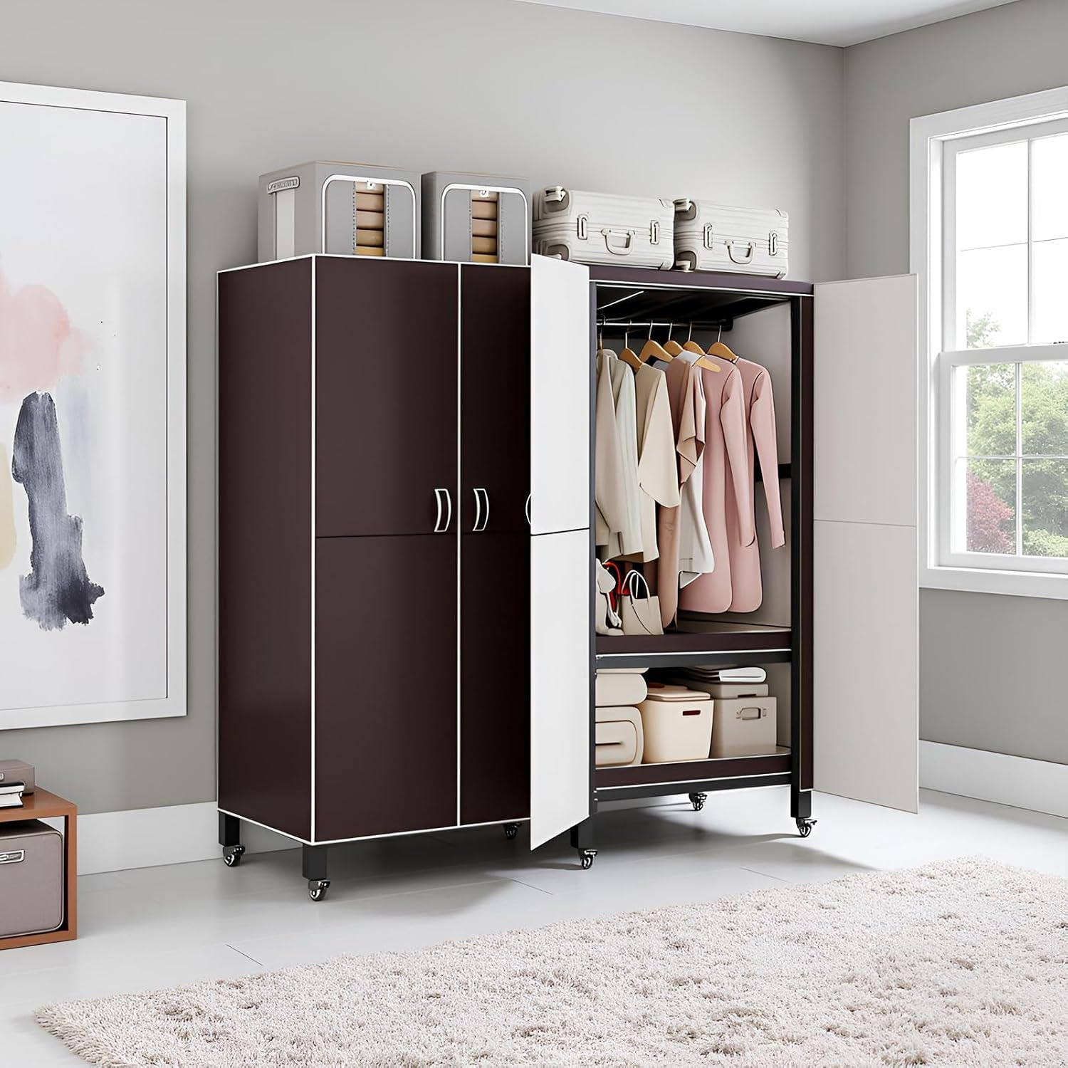 Heavy Duty Clothes Rack With Magnetic Door, Load 1500lbs, Foldable Portable Wardrobe Closet, Hanging Clothing Metal Garment Rack Closet System For Bedroom,Apartments,Rentals(Brown KT, 168cm/66in)