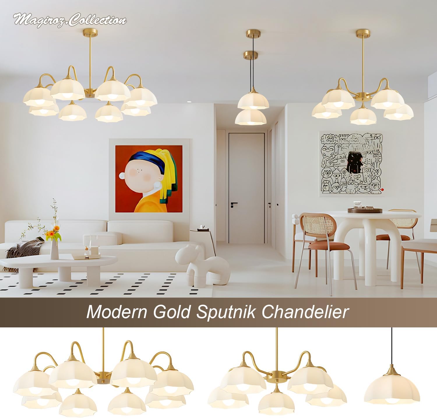 5 Light Modern Gold Chandelier Milk Glass Sputnik Pendant Light Mid Century Nordic White Ceramic Kitchen Island Hanging Lights Dining Room Lighting Fixtures Over Table Chandelier MPL13-5 GD