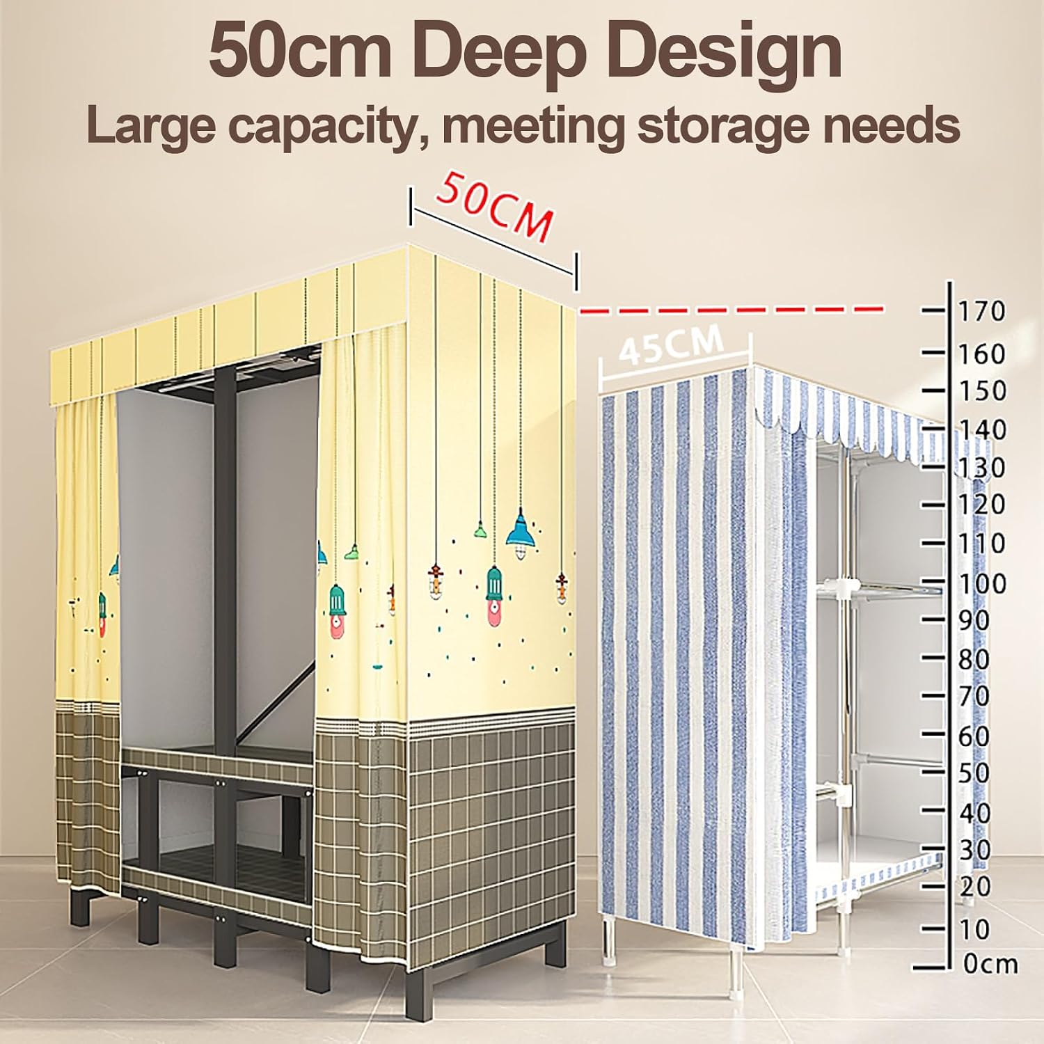 Foldable Wardrobe Closet With Cover, Metal Garment Racks For Hanging Clothes, Portable Freestanding Covered Coat Storage, Organizer For Bedrooms(Yellow1,173cm/68.1inch)