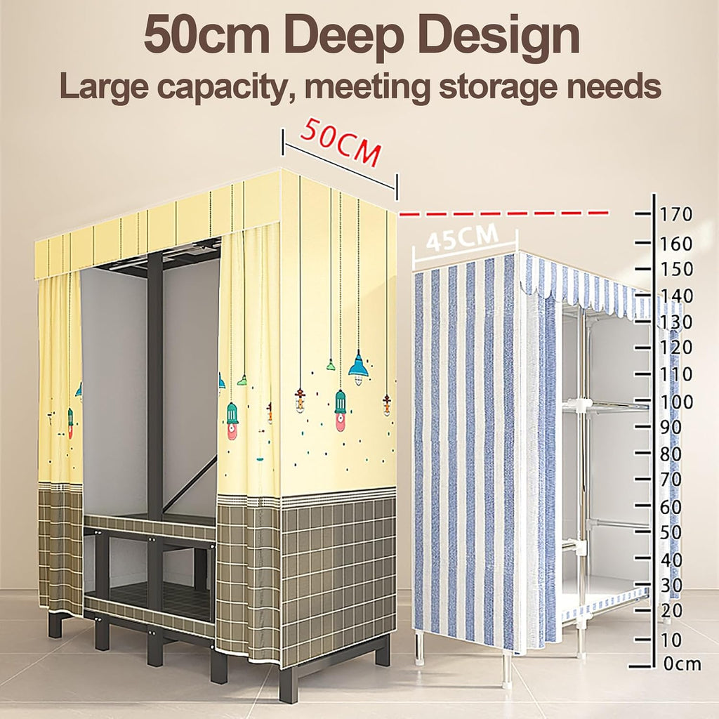Foldable Wardrobe Closet With Cover, Metal Garment Racks For Hanging Clothes, Portable Freestanding Covered Coat Storage, Organizer For Bedrooms(Yellow1,190cm/74.8inch)