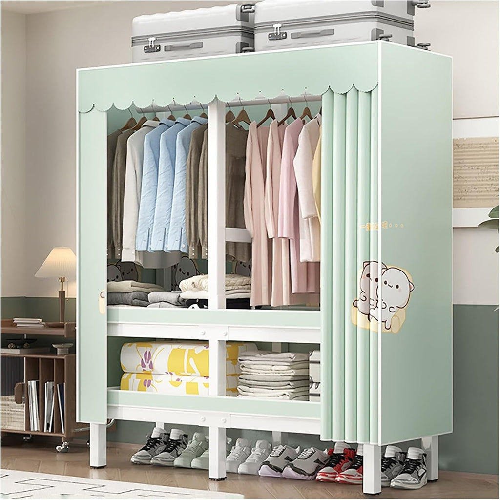 Foldable Portable Wardrobe Closet With Cover, Metal Garment Rack For Hanging Clothes, Clothing Rack, Enclosed Curtain Metal Clothing Organizer For Bedroom(Green,150x175x52cm)