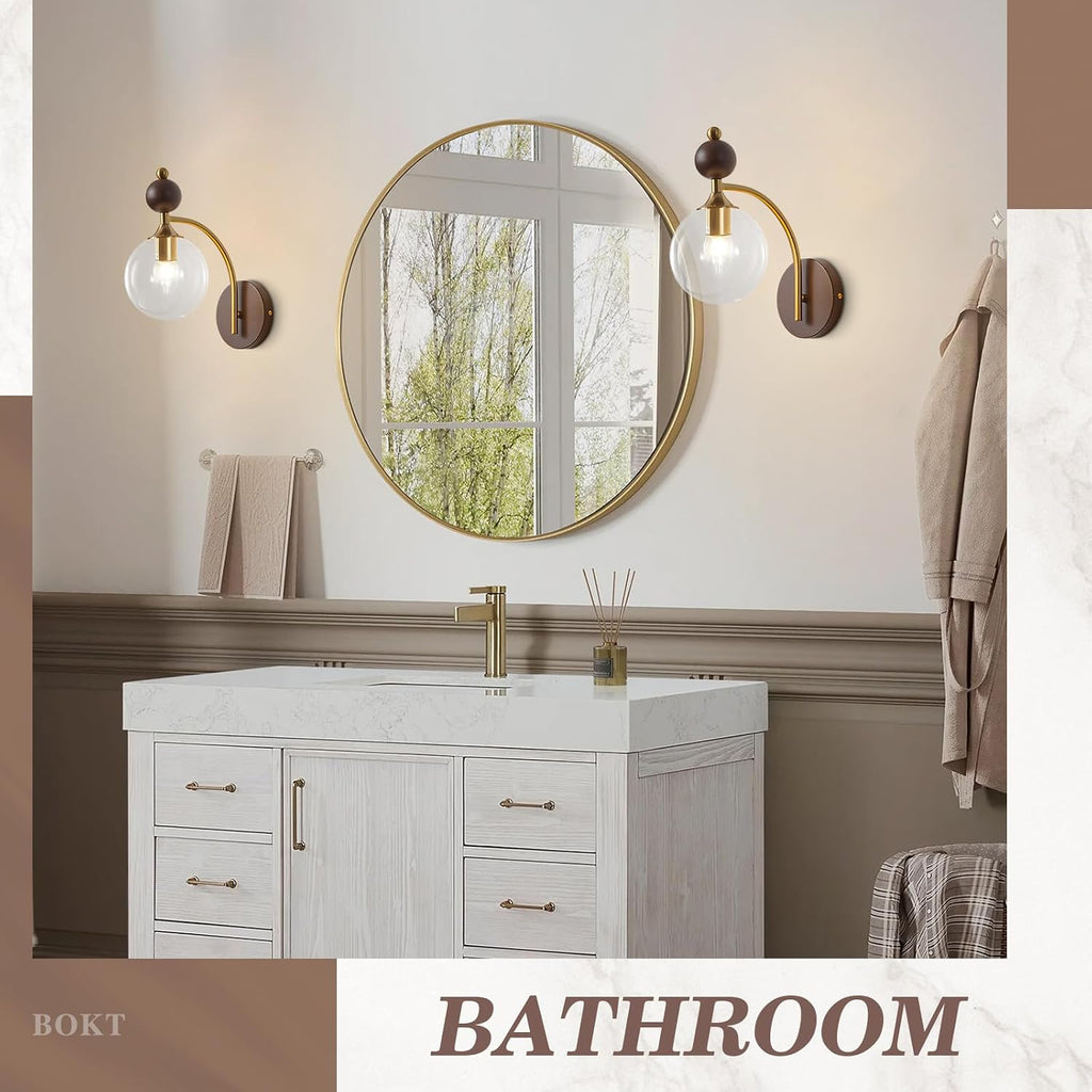 BOKT Gold Wall Sconces 2 Pack Vintage Clear Wall Mounted Lamp Mid Century Modern Wall Sconce Light Set of Two Vanity Light Fixtures Over Mirror Minimalist Glass Wall Sconce