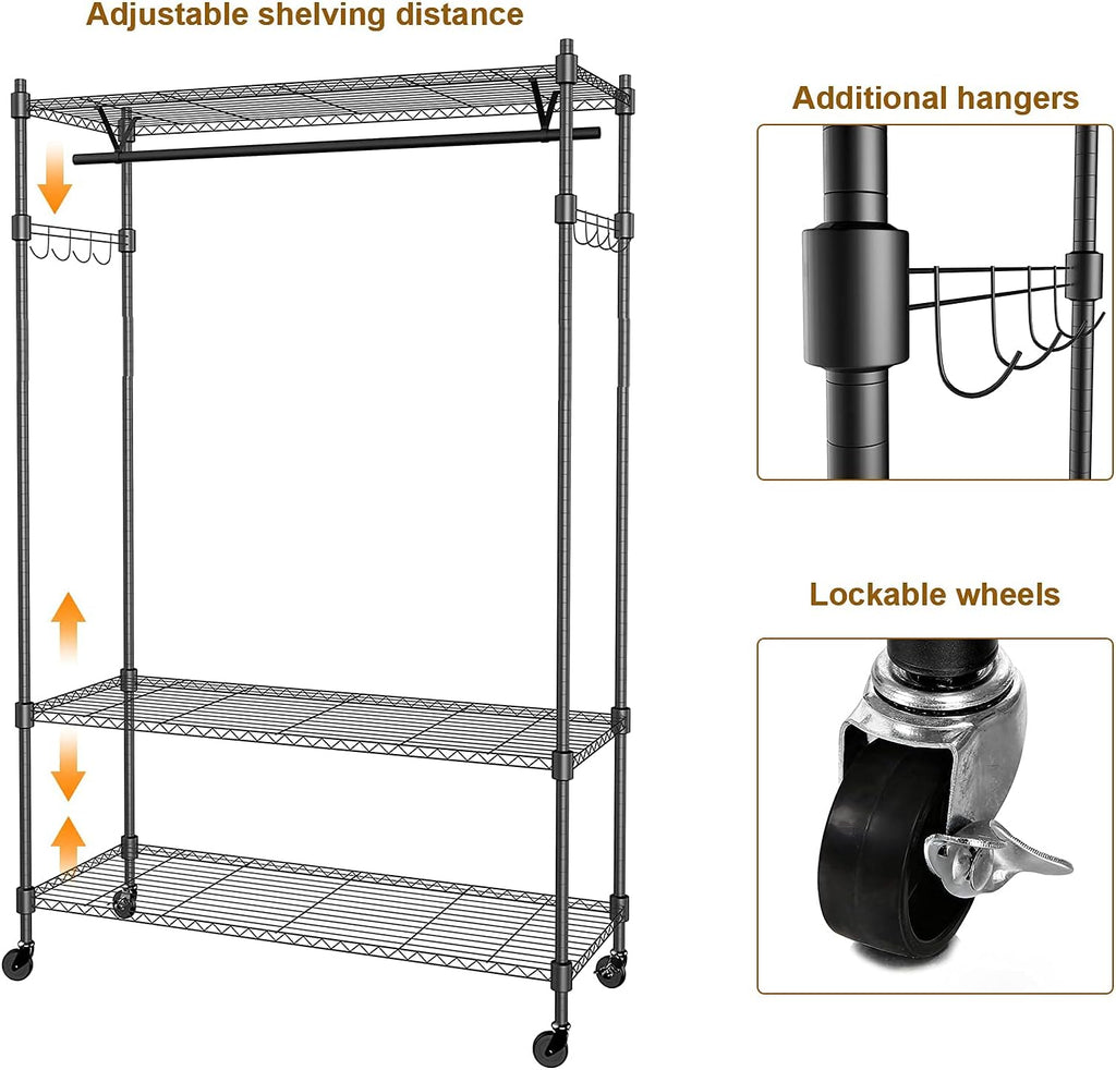 BATHWA Heavy Duty Clothing Racks,47.3'W x 17.7'D x 74.8'H Wide Hanging Space 3 Adjustable Shelving Garment Rack on Wheels Portable Wardrobe for Dress Coat Clothes Organizer Sturdy Metal Construction