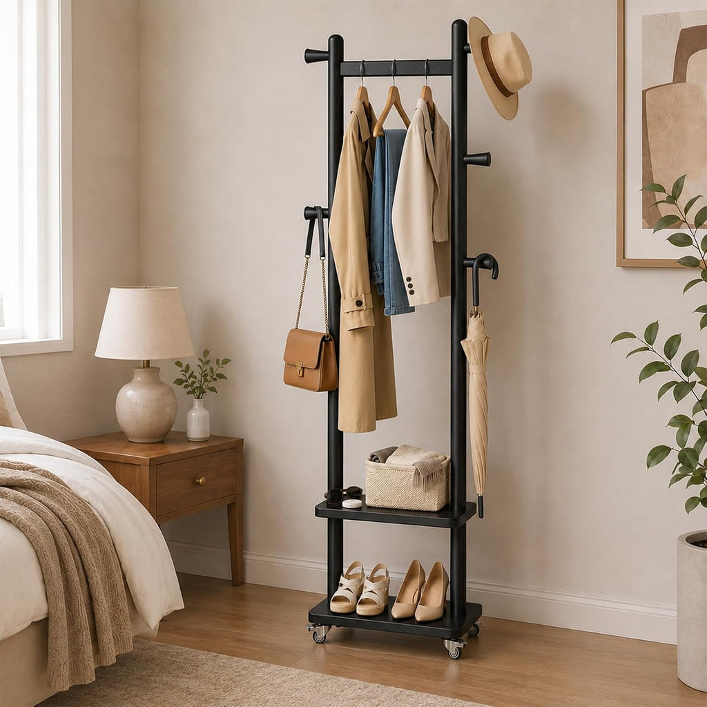 Solid Wood Coat Rack Freestanding Clothing Rack with Wheels & 2 Shelves Storage & 5 Hooks Heavy Duty Clothes Rack Wood Coat Tree Stand Hat Hanger Rack for Corner Bedroom Entryway Living Room Hotel