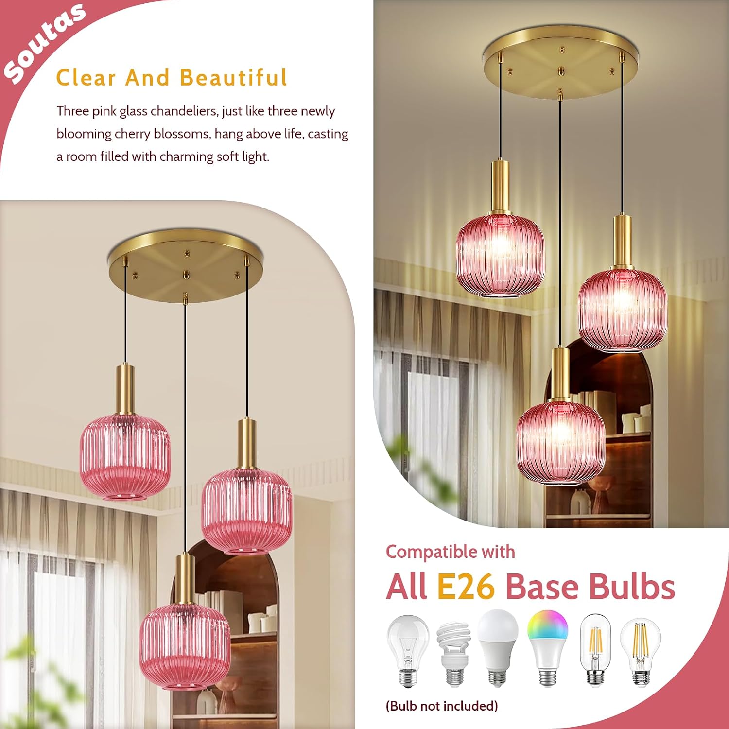 Girl Room Pink Glass Pendant Chandelier Mid Century Glod 3-Light Hanging Light Farmhouse E26 Base for Bedside Dining Table Foyer
