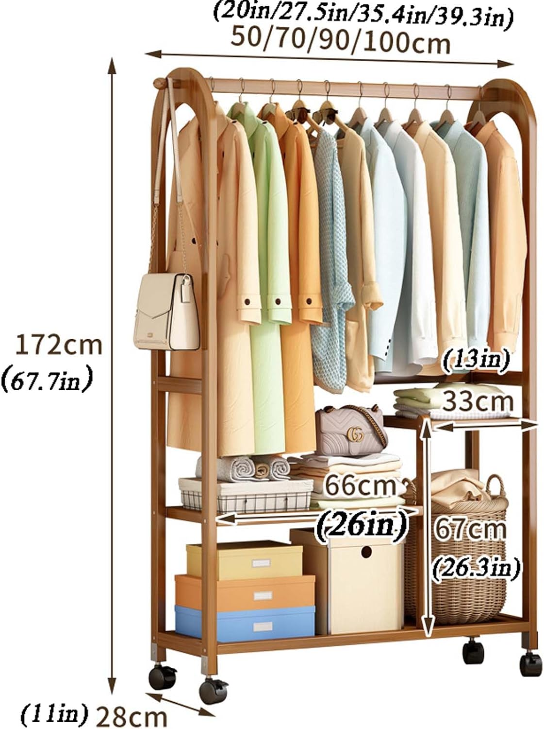 YSUEFIJO Strong Garment Racks with Wheels, Heavy Duty Rolling Clothes-Rack, Garment Rack for Hanging Clothes, Space Saving Clothing Rack, Minimalism Wardrobe Closet Organizer for Indoor