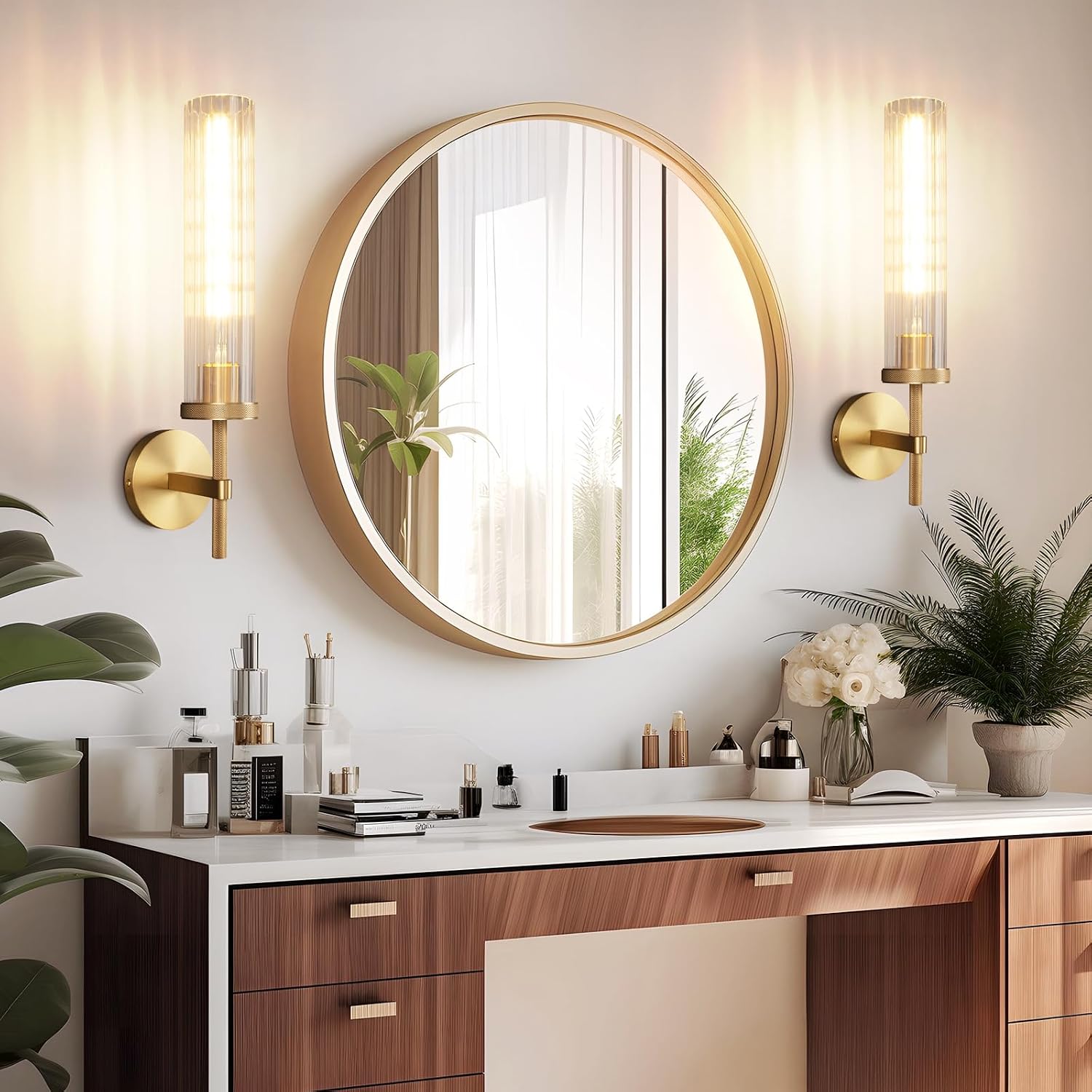 19.5' Knurled Brass Wall Sconces Set of 2, Gold Bathroom Vanity Light Fixtures with Vertical Striped Glass Tube, Modern Lamp Lighting for Bedroom, Living Room, Hallway, Staircase, Mirror, Kitchen