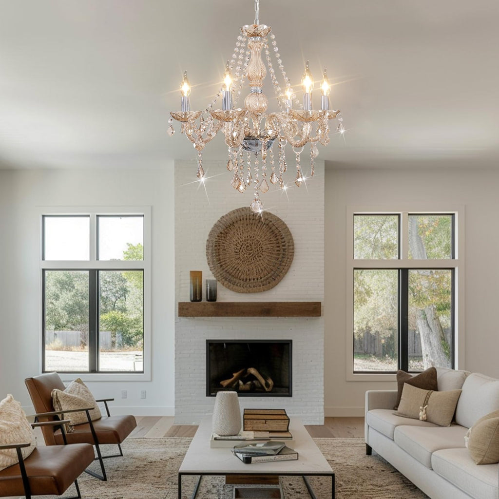 Crystal Chandeliers for Dining Room, 6-Lights Classic Cognac Pendant Light K9 Vintage Chandelier for Bedroom, Candle Ceiling Light Fixture Cognac Chandelier for Living Room Wedding Decor